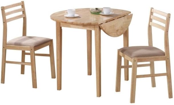 CARTESIAN 3-Piece Drop Leaf Dining Set, Natural Wood Table and 2 Chairs with Beige Cushions, Small Space Kitchen Furniture