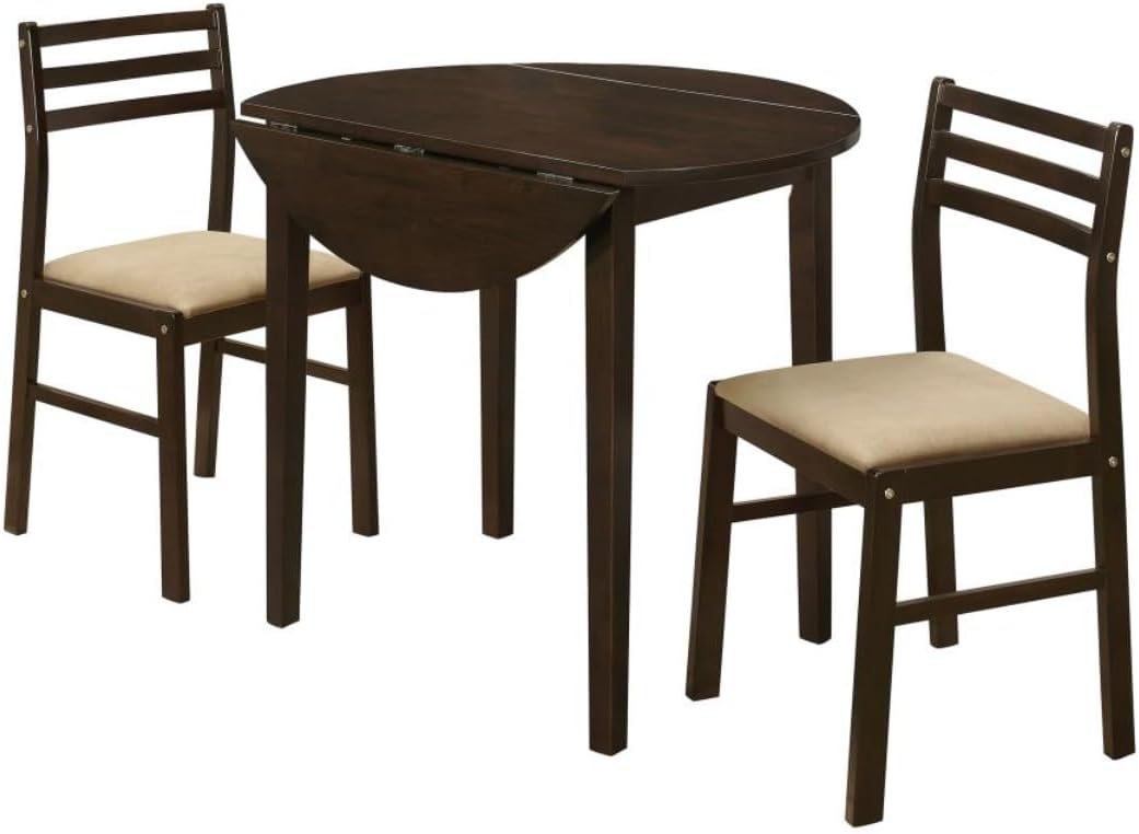 CARTESIAN 3-Piece Drop Leaf Dining Set, Natural Wood Table and 2 Chairs with Beige Cushions, Small Space Kitchen Furniture
