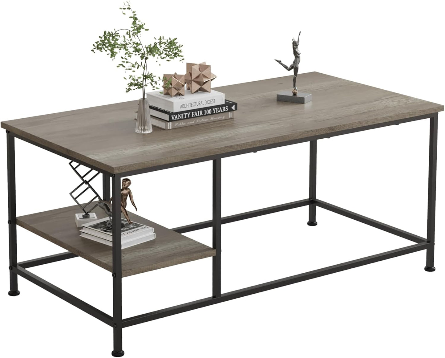 SENIG Small Brown Rectangle Wood and Metal Coffee Table with Storage Shelf for Small Living Rooms