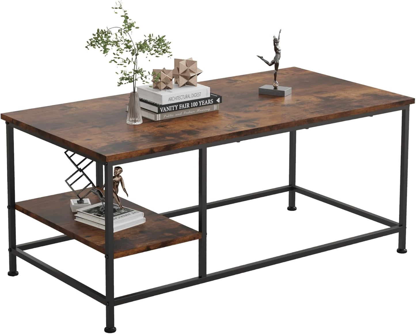 SENIG Small Brown Rectangle Wood and Metal Coffee Table with Storage Shelf for Small Living Rooms