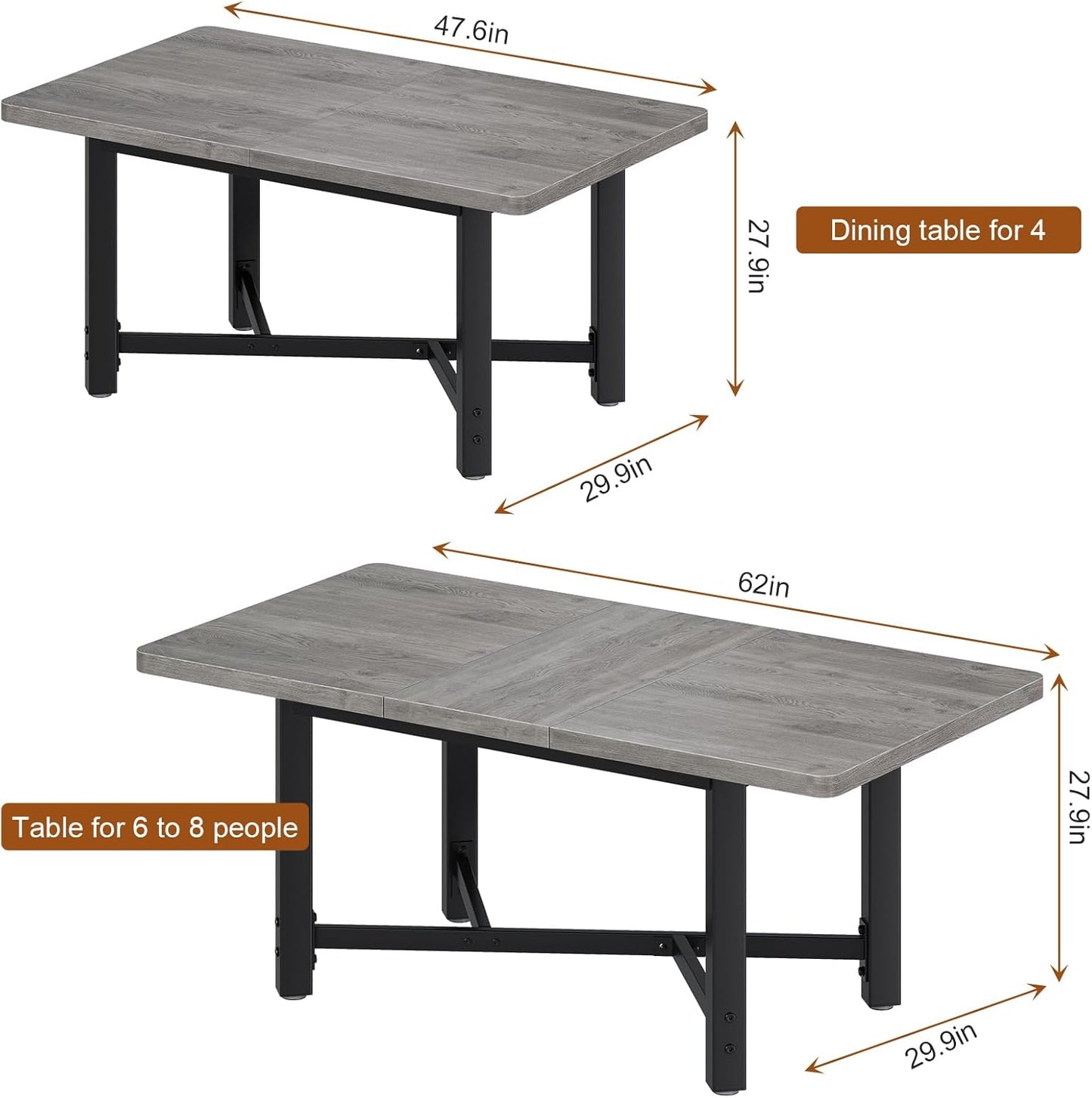 Dining Table for 4-6, 62“Extendable Kitchen Dining Room Table, Space Saving Rectangle Large Expandable Wood Dinner Furniture for Small Space (Grey)