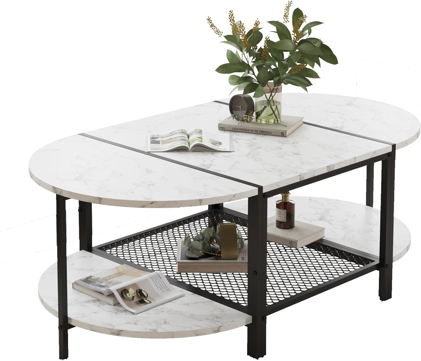 SENIG Small Brown Rectangle Wood and Metal Coffee Table with Storage Shelf for Small Living Rooms