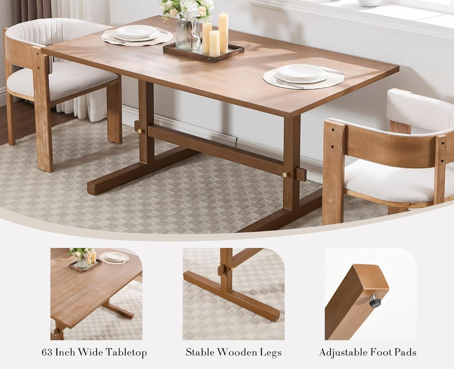 EALSON Farmhouse Solid Wood Dining Table for 4 to 6 People 63 Inch Rustic Large Rectangle Kitchen Table for Kitchen/Living Room/Dinner, Natural