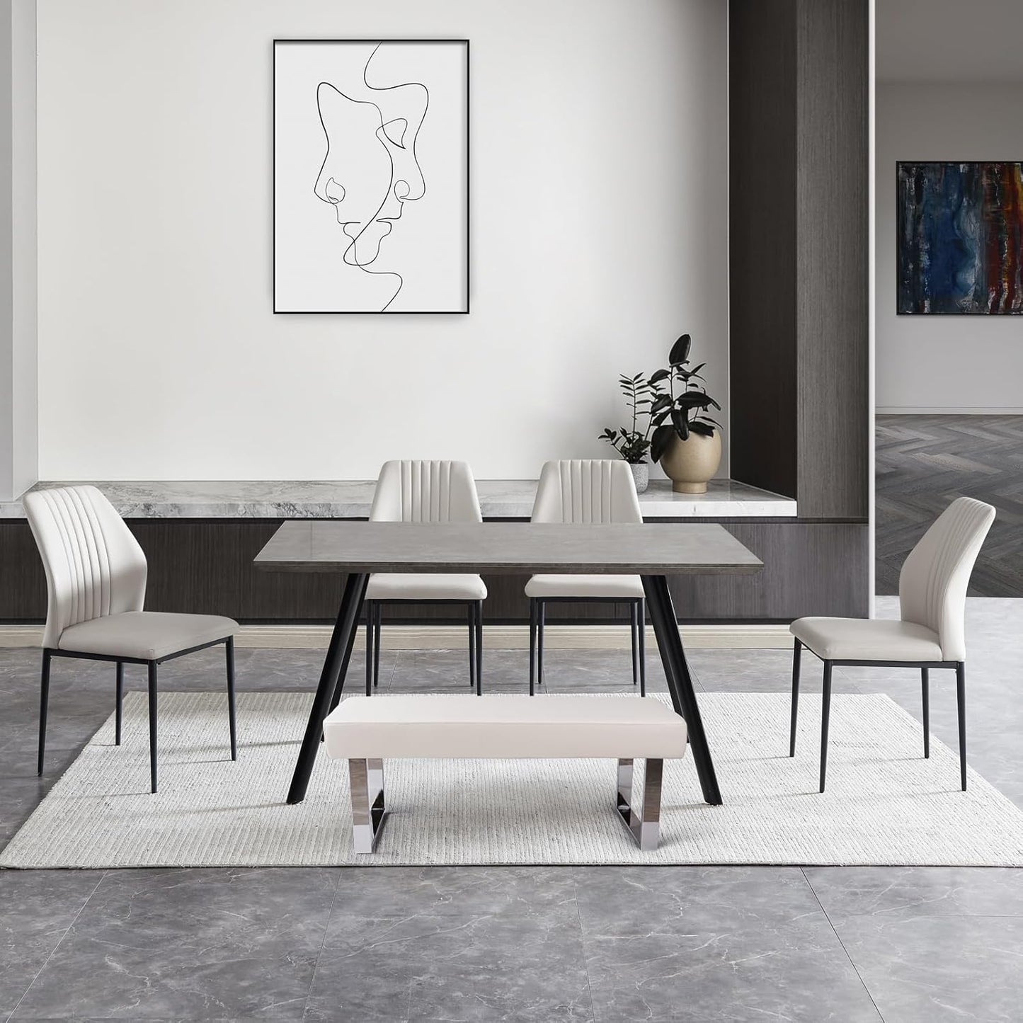 ZckyCine Modern 5-Piece Dining Table Set Rectangular Wood Table with 4 Upholstered Leather Chairs, Seats 4