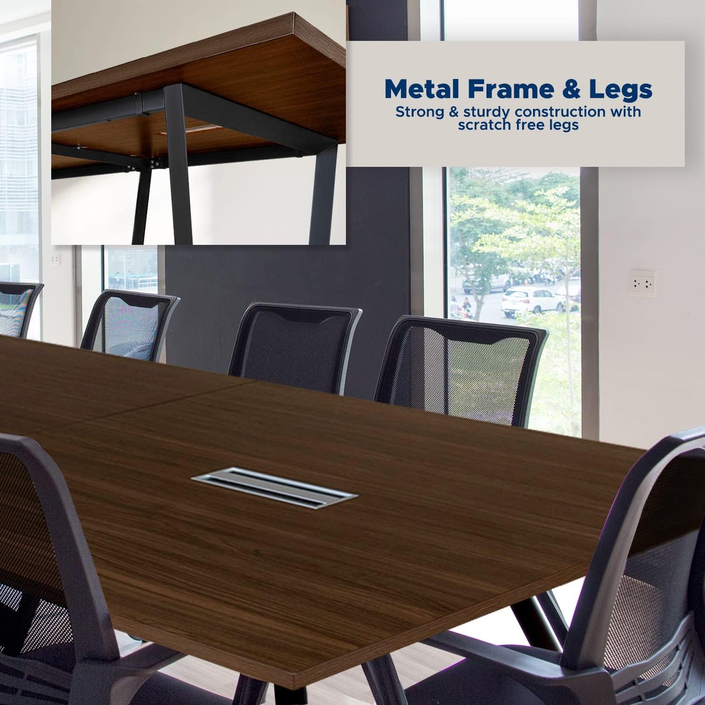 Sturdy Conference Table with Cable Management Grommets Modern Rectangle Office Meeting Table with Wood Tabletop and Metal Frame & Legs- Easy Assembly Boardroom Table (Dark Brown, 8 Foot)