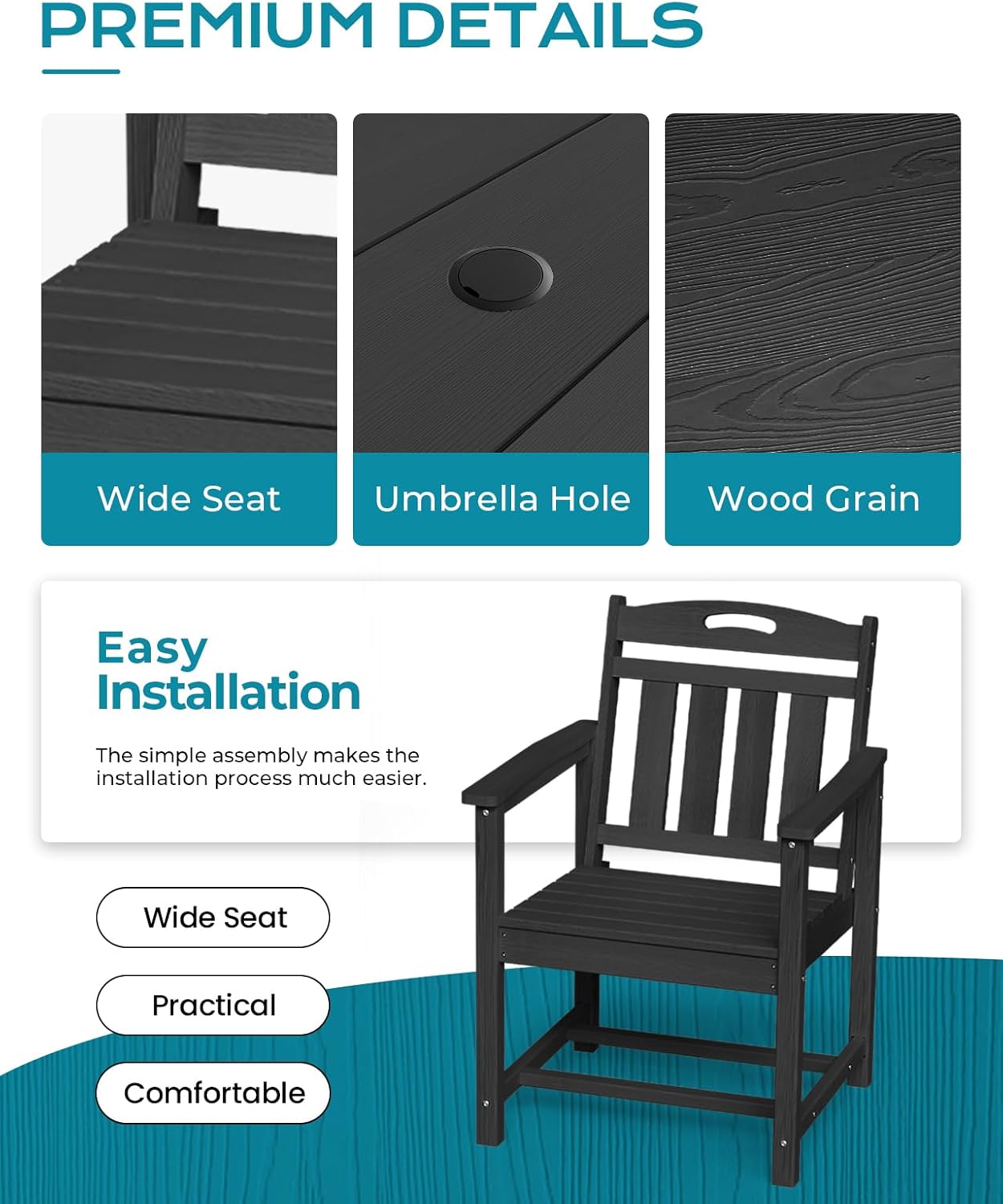 HDPE Outdoor Table and Chairs,66" Outdoor Dining Table Set with Umbrella Hole,7-Piece Patio Dining Set for Backyard,Black