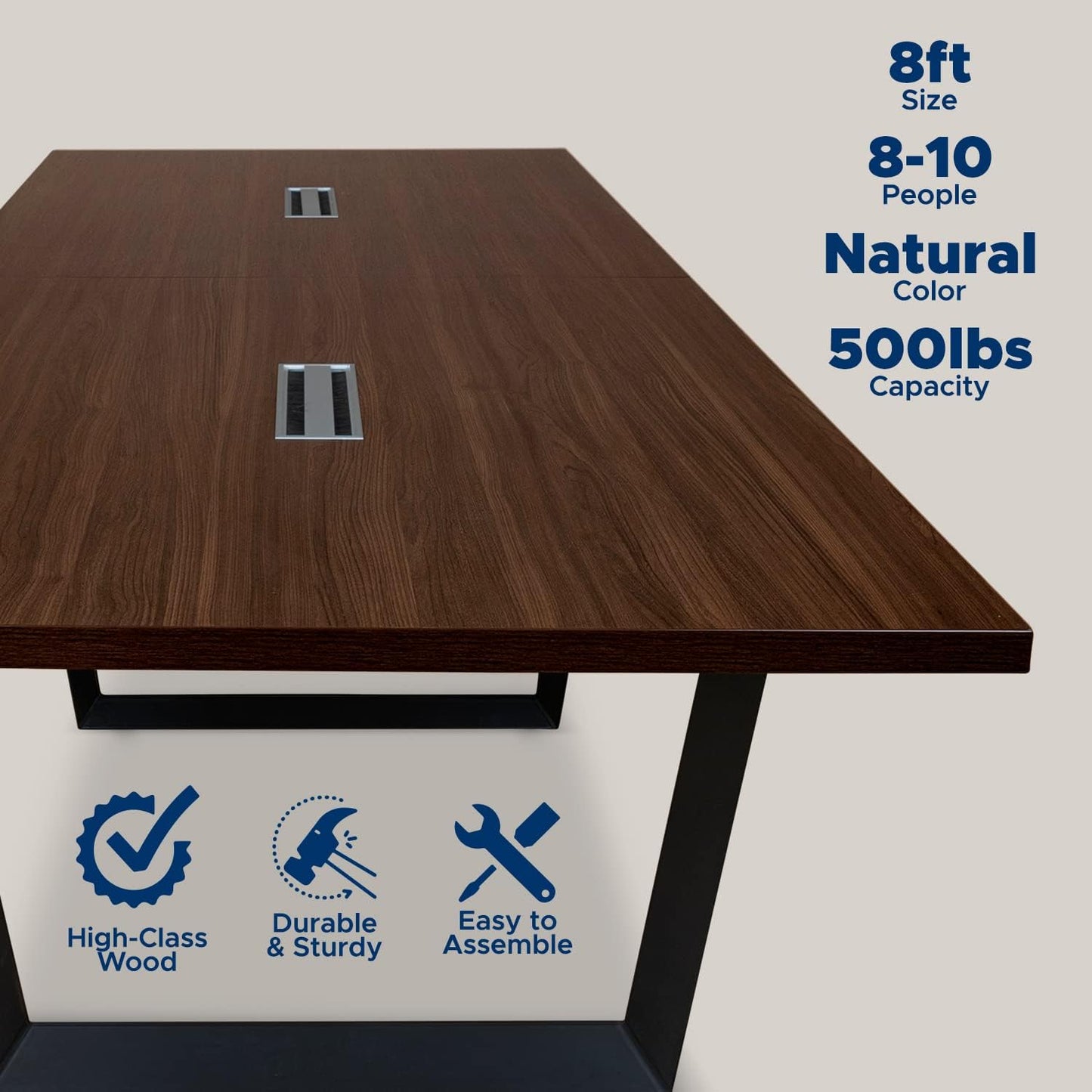 Sturdy Conference Table with Cable Management Grommets Modern Rectangle Office Meeting Table with Wood Tabletop and Metal Frame & Legs- Easy Assembly Boardroom Table (Dark Brown, 8 Foot)