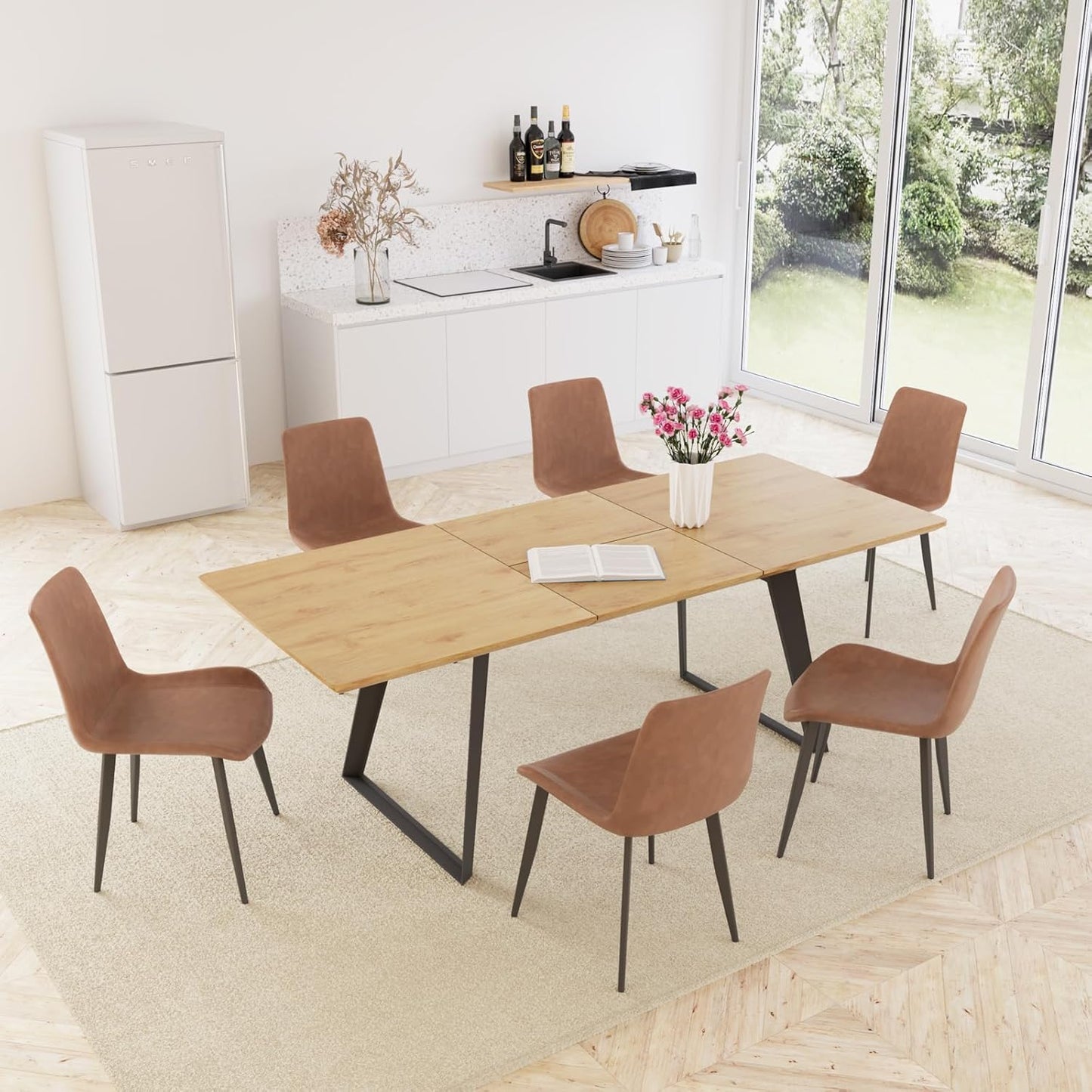 ZckyCine 67" Modern Rectangular Wooden Dining Table Set with 6 Brown Leather Chairs - Expandable, Space-Saving, Multifunctional