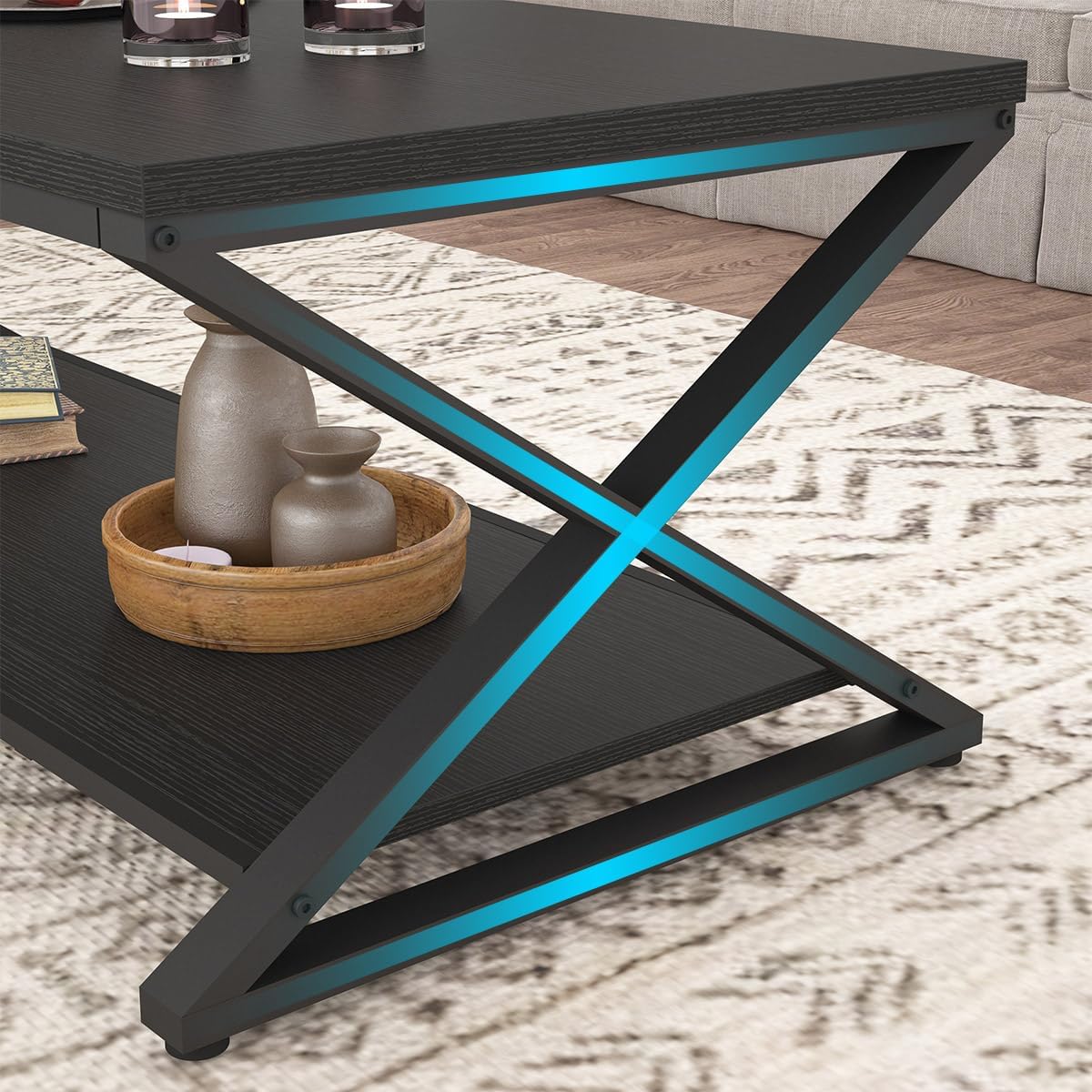 HSH Black Coffee Table Modern, 47 Inch Simple Rectangle Cocktail Table with Storage Display Shelf, 2 Tier Minimalist Industrial Wooden and Metal Center Tea Table for Living Room Office, Black Oak