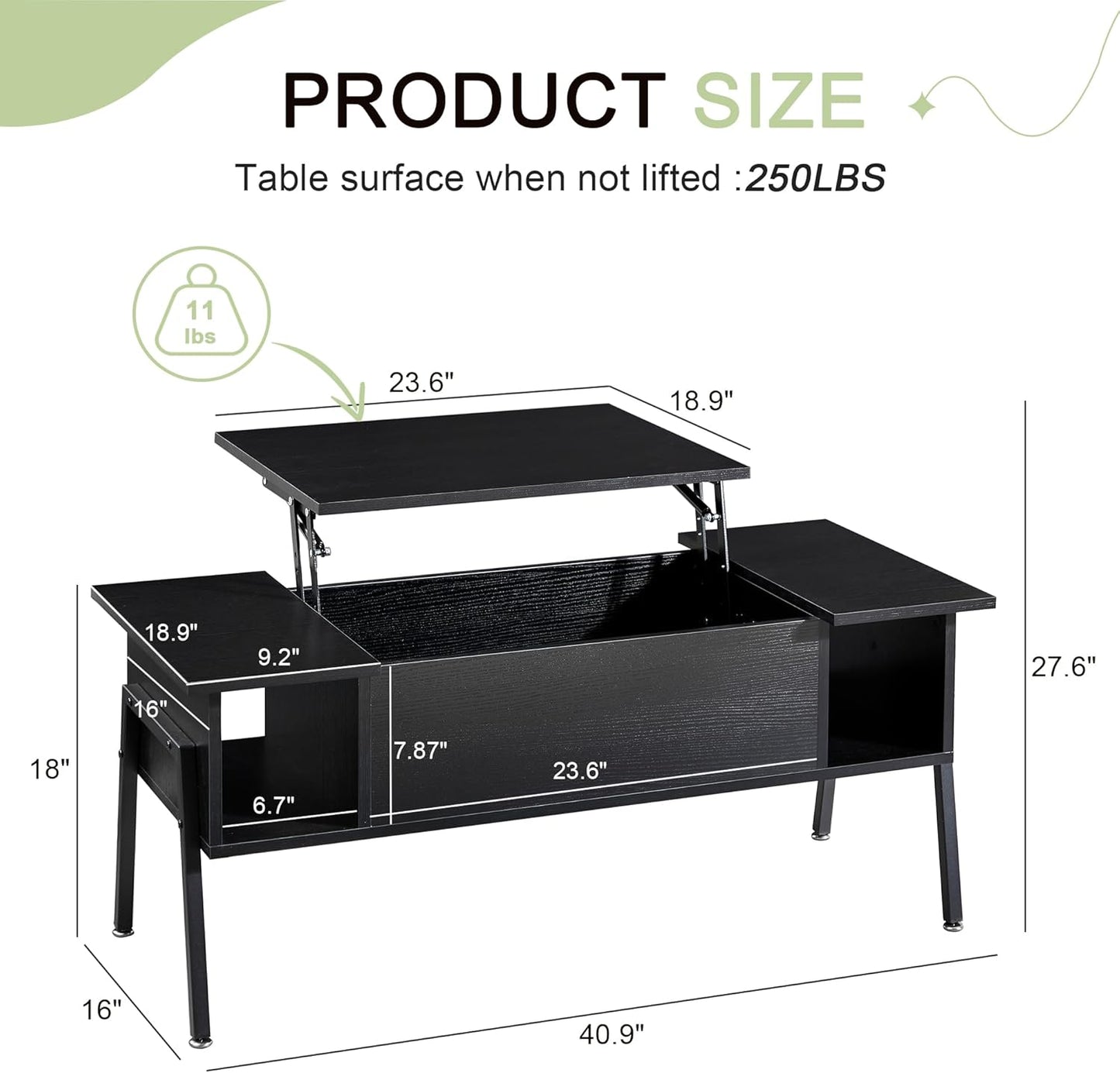 VECELO Wood Lift Top Coffee Table with Hidden Compartment and Storage Shelf for Living Room/Office Reception, Rising Tabletop, Black