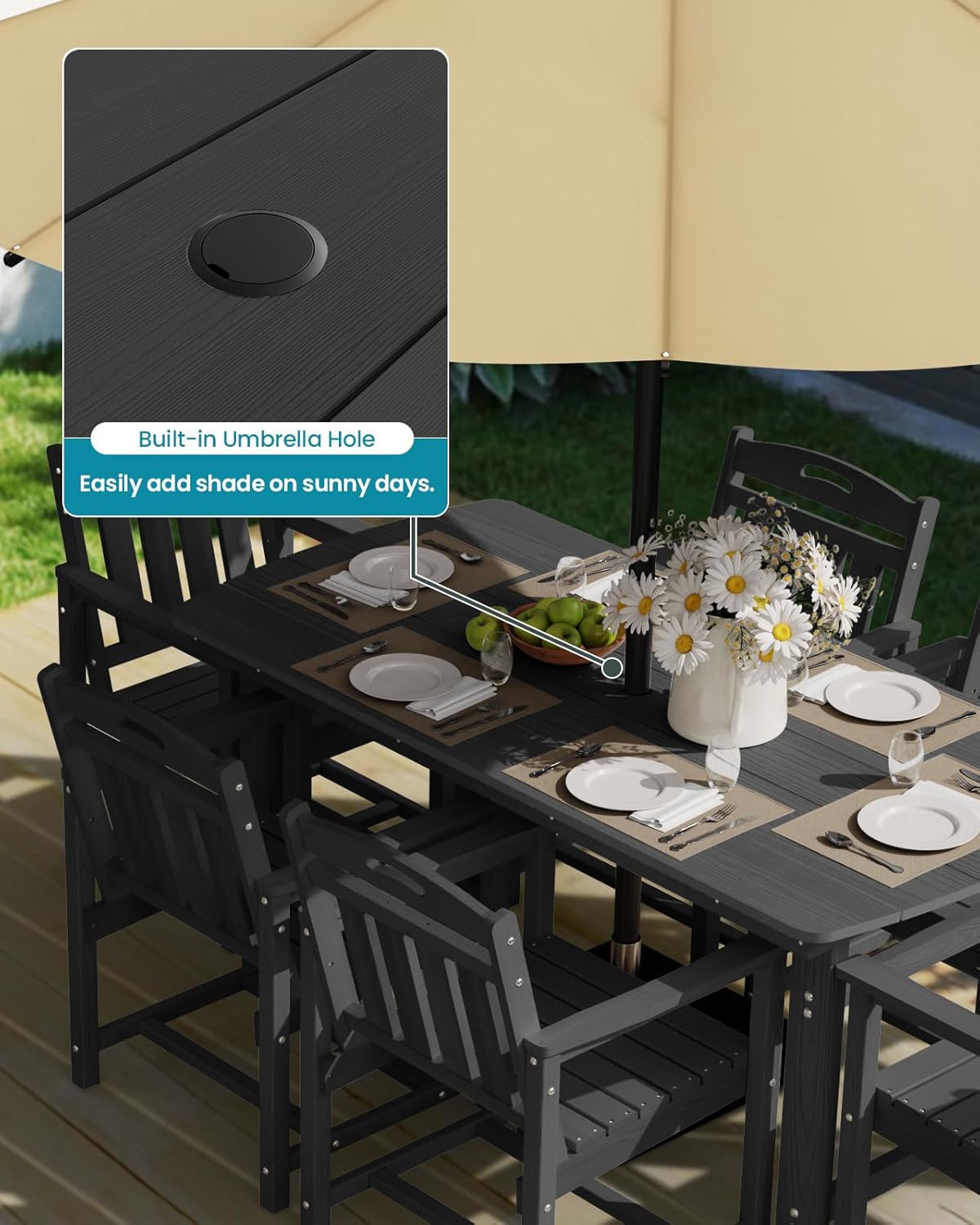 HDPE Outdoor Table and Chairs,66" Outdoor Dining Table Set with Umbrella Hole,7-Piece Patio Dining Set for Backyard,Black