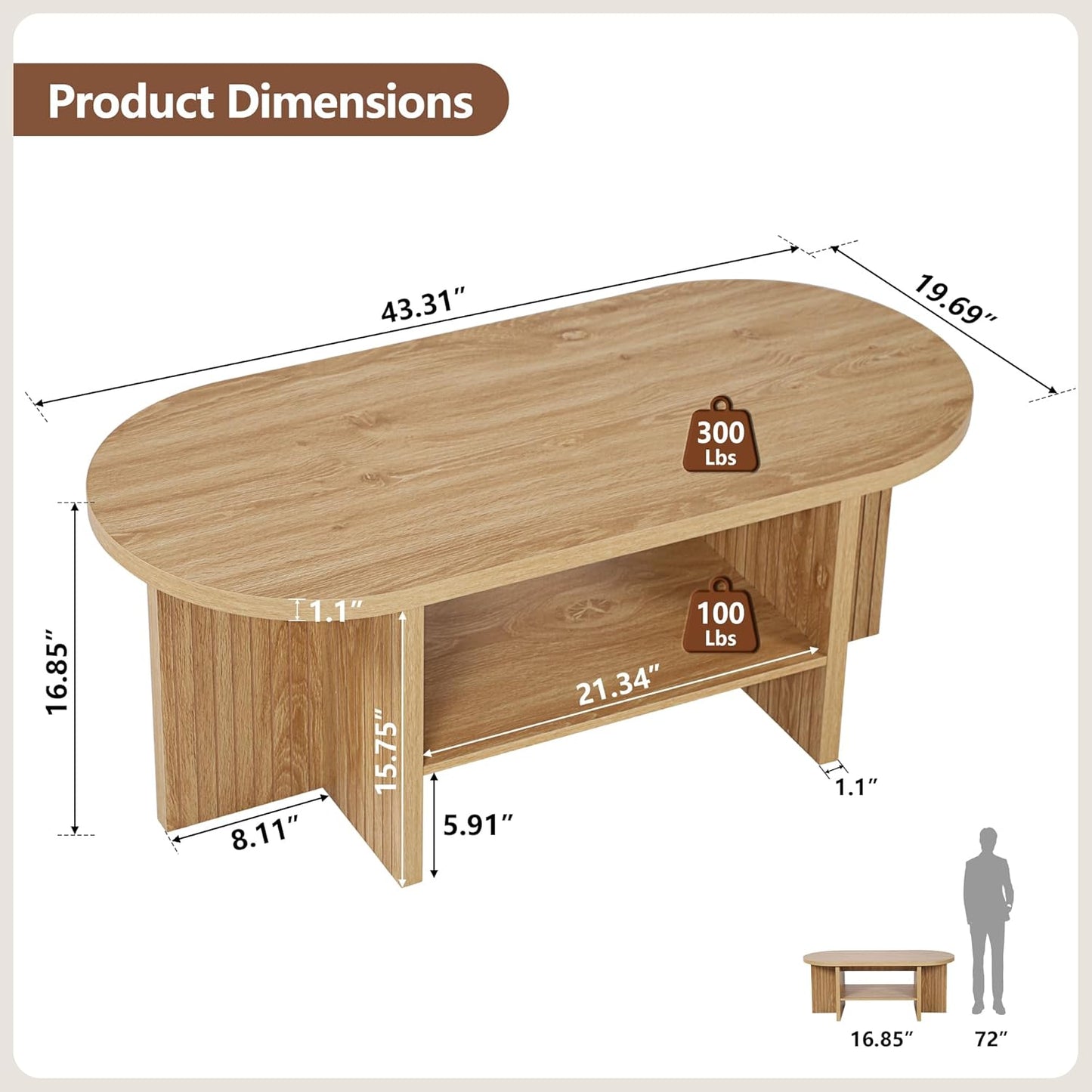 43.3" Coffee Table with Storage, Oval Coffee Tables for Living Room, Farmhouse Fluted Coffee Table with Large Storage Shelf, Wood Center Table for Small Space, Natural