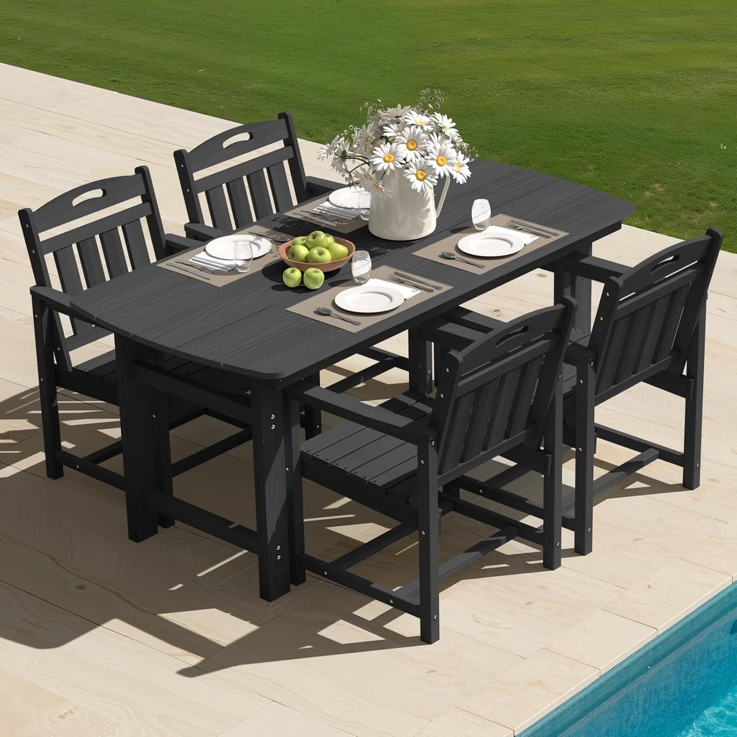 HDPE Outdoor Table and Chairs,66" Outdoor Dining Table Set with Umbrella Hole,7-Piece Patio Dining Set for Backyard,Black