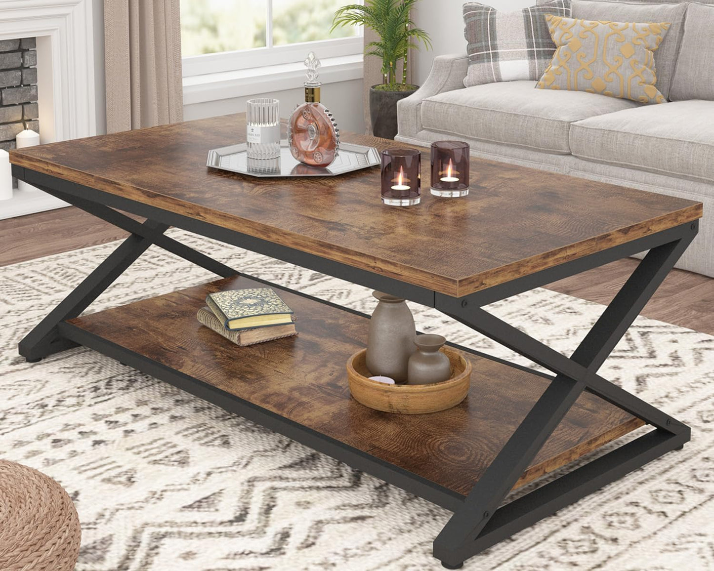HSH Black Coffee Table Modern, 47 Inch Simple Rectangle Cocktail Table with Storage Display Shelf, 2 Tier Minimalist Industrial Wooden and Metal Center Tea Table for Living Room Office, Black Oak