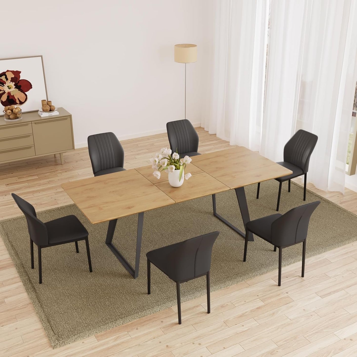 ZckyCine 67" Modern Rectangular Wooden Dining Table Set with 6 Brown Leather Chairs - Expandable, Space-Saving, Multifunctional