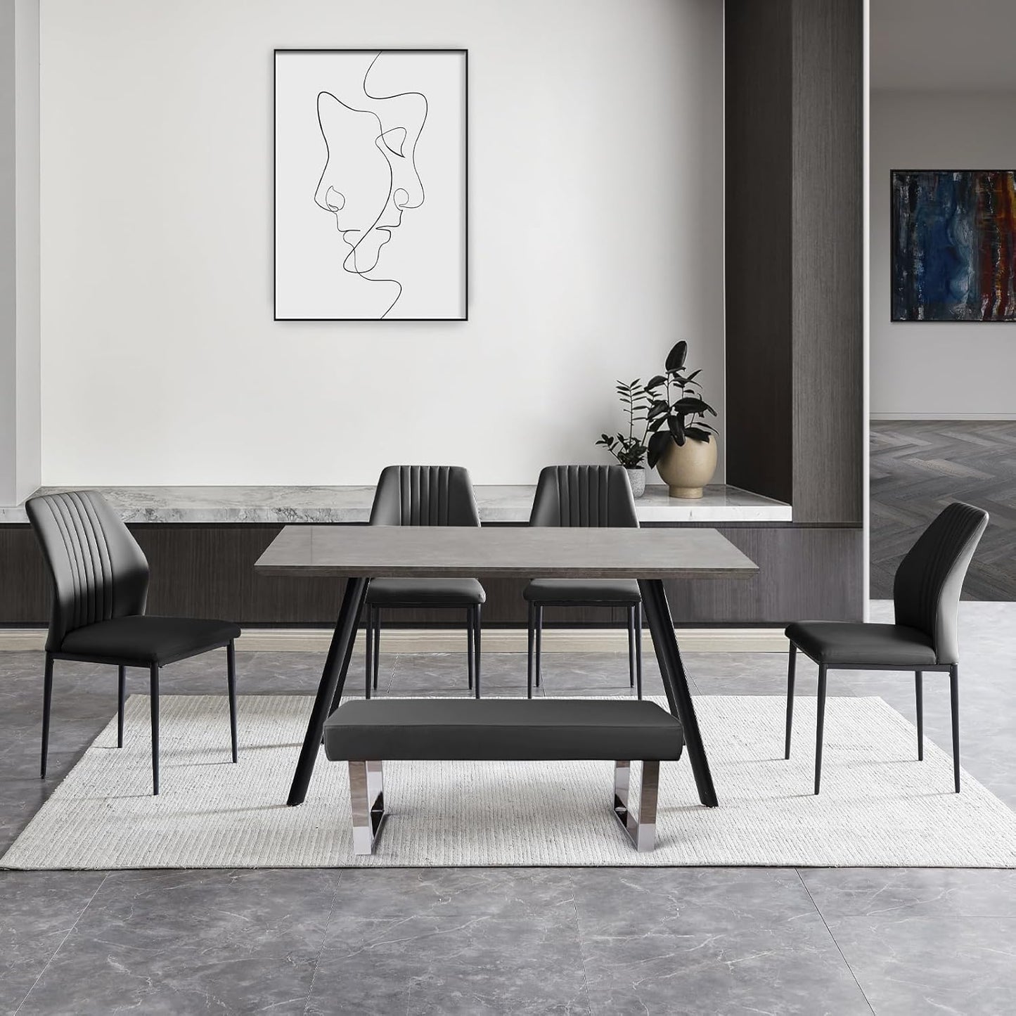 ZckyCine Modern 5-Piece Dining Table Set Rectangular Wood Table with 4 Upholstered Leather Chairs, Seats 4