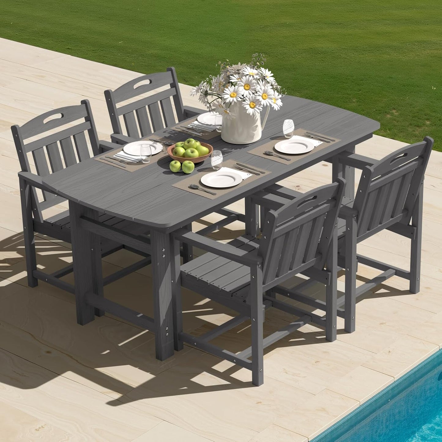 HDPE Outdoor Table and Chairs,66" Outdoor Dining Table Set with Umbrella Hole,7-Piece Patio Dining Set for Backyard,Black