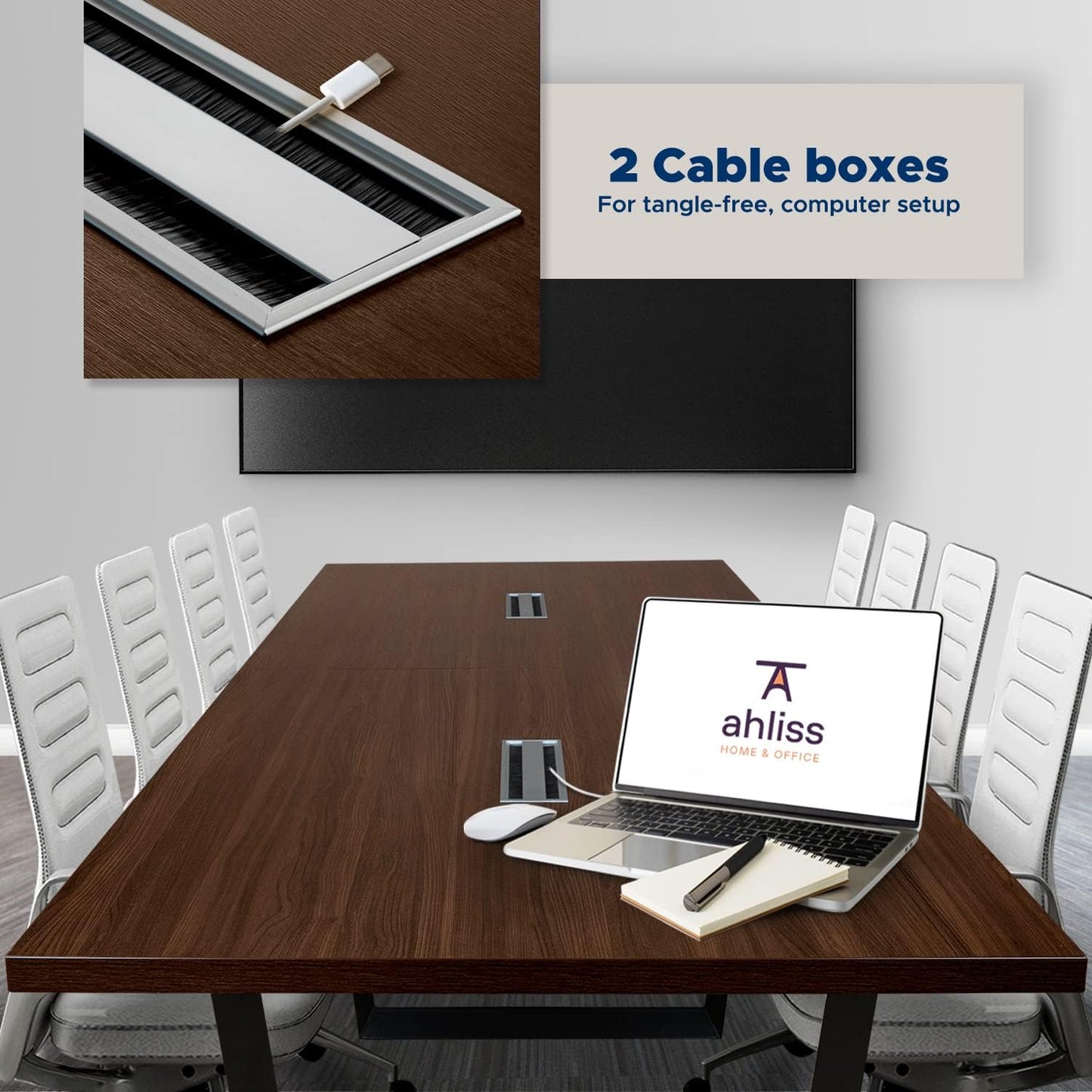 Sturdy Conference Table with Cable Management Grommets Modern Rectangle Office Meeting Table with Wood Tabletop and Metal Frame & Legs- Easy Assembly Boardroom Table (Dark Brown, 8 Foot)