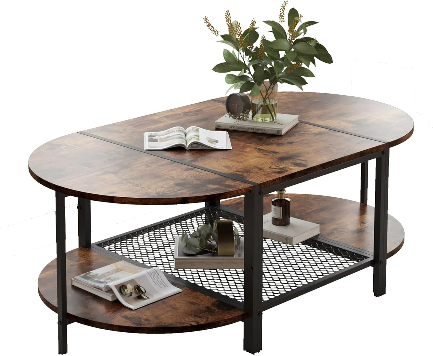 SENIG Small Brown Rectangle Wood and Metal Coffee Table with Storage Shelf for Small Living Rooms