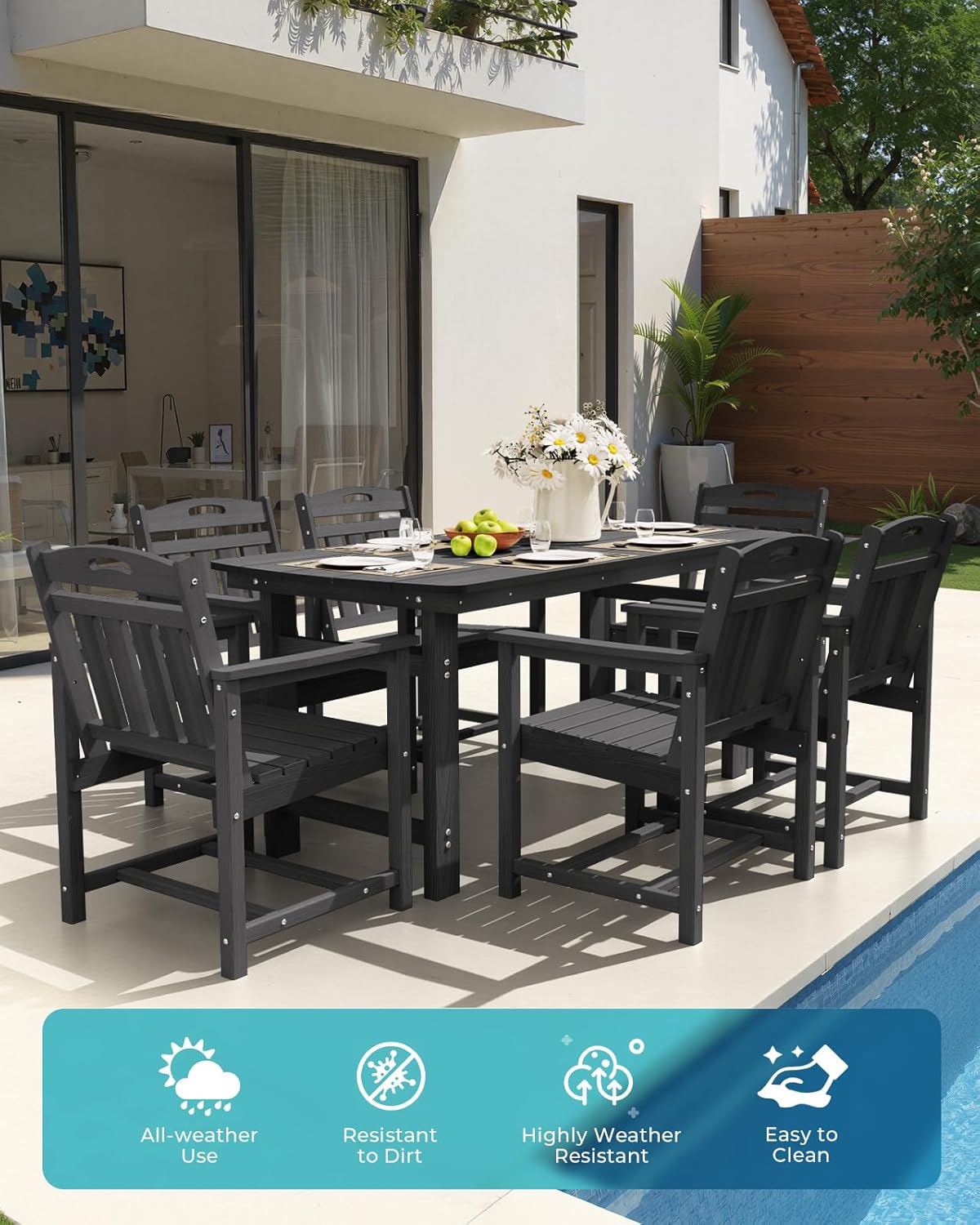 HDPE Outdoor Table and Chairs,66" Outdoor Dining Table Set with Umbrella Hole,7-Piece Patio Dining Set for Backyard,Black