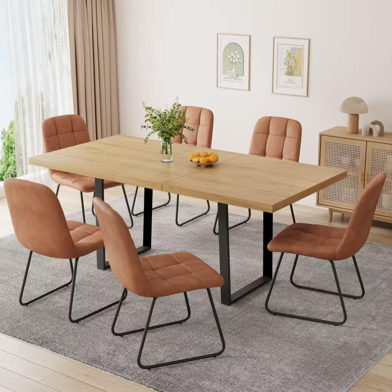 ZckyCine Modern 5-Piece Dining Table Set Rectangular Wood Table with 4 Upholstered Leather Chairs, Seats 4