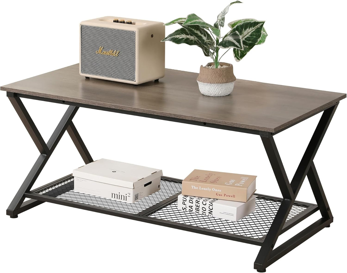 SENIG Small Brown Rectangle Wood and Metal Coffee Table with Storage Shelf for Small Living Rooms