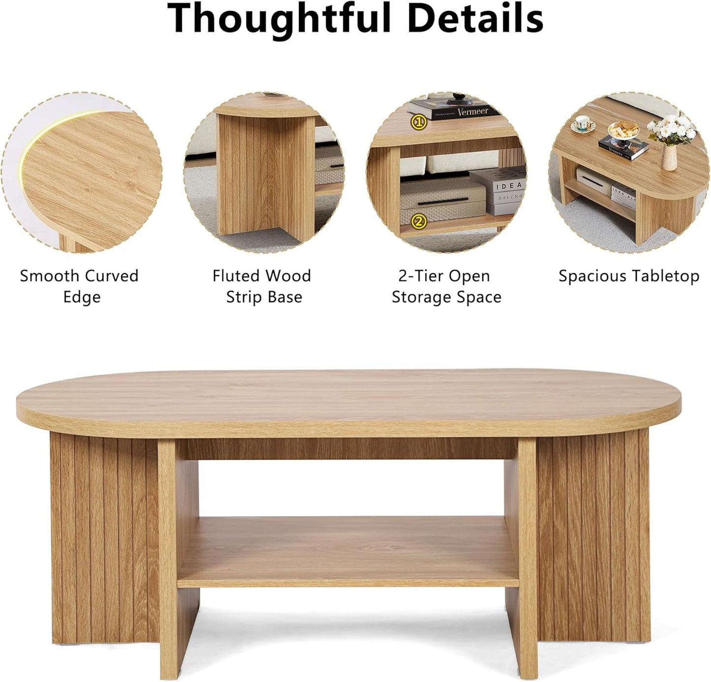 43.3" Coffee Table with Storage, Oval Coffee Tables for Living Room, Farmhouse Fluted Coffee Table with Large Storage Shelf, Wood Center Table for Small Space, Natural