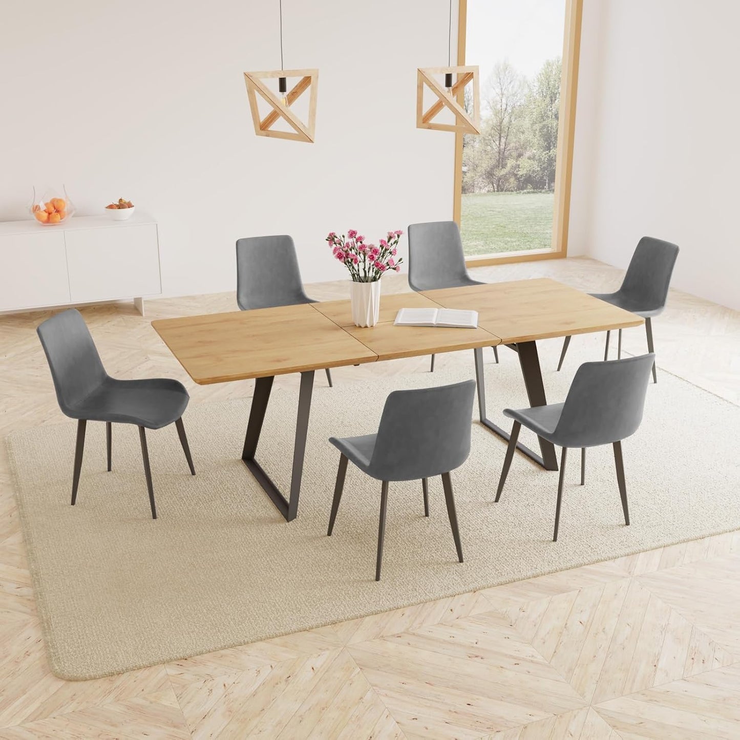 ZckyCine 67" Modern Rectangular Wooden Dining Table Set with 6 Brown Leather Chairs - Expandable, Space-Saving, Multifunctional