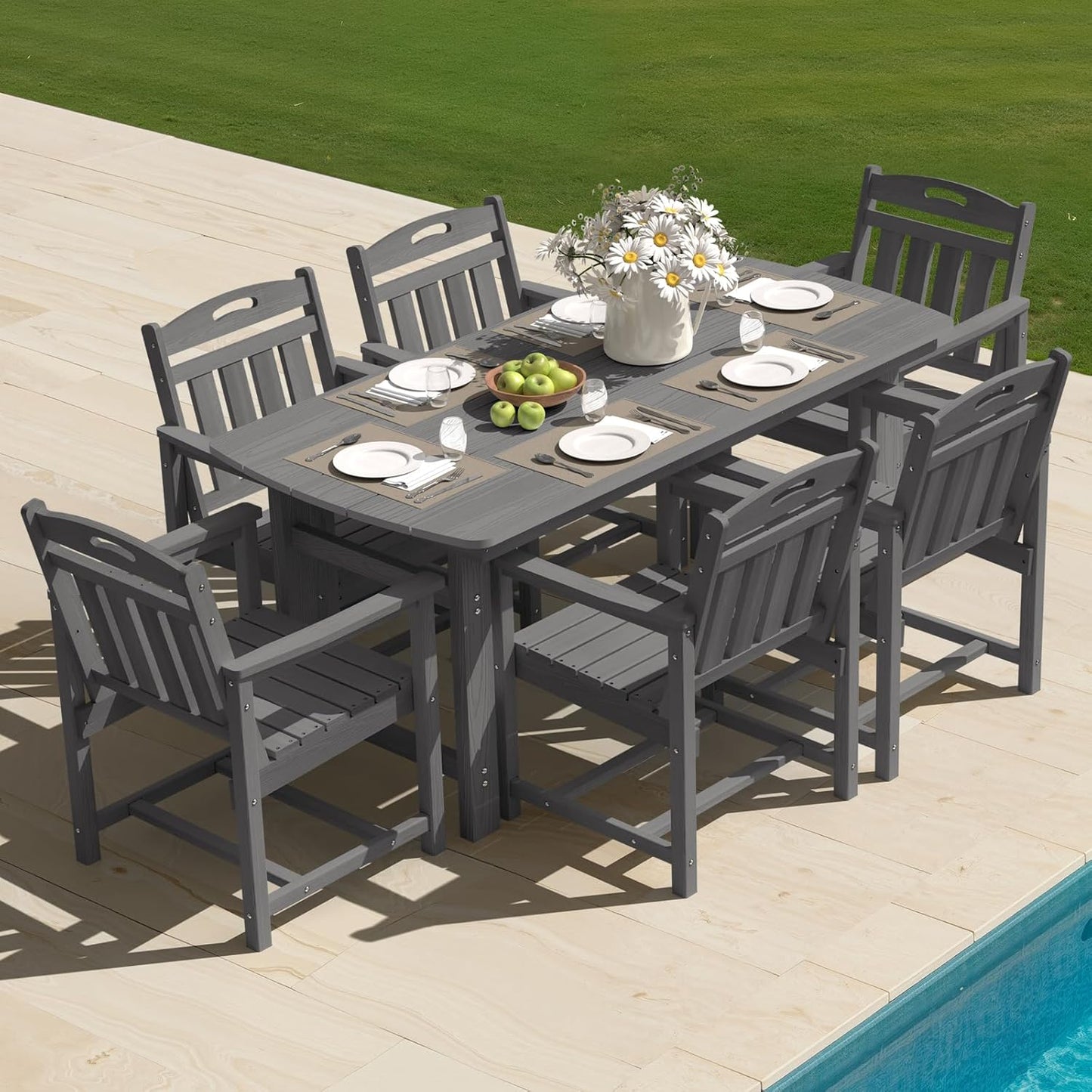 HDPE Outdoor Table and Chairs,66" Outdoor Dining Table Set with Umbrella Hole,7-Piece Patio Dining Set for Backyard,Black