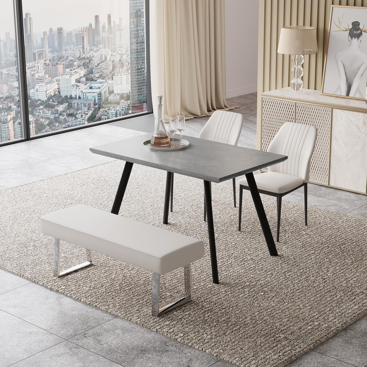 ZckyCine Modern 5-Piece Dining Table Set Rectangular Wood Table with 4 Upholstered Leather Chairs, Seats 4