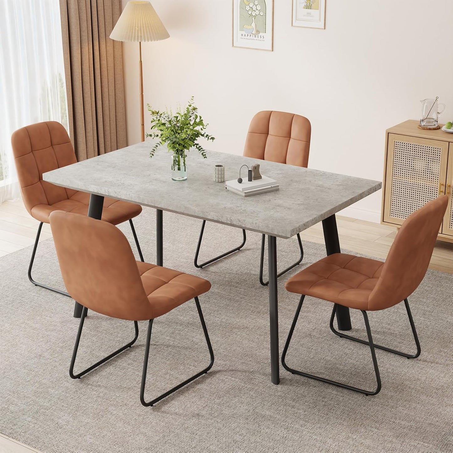 ZckyCine Modern 5-Piece Dining Table Set Rectangular Wood Table with 4 Upholstered Leather Chairs, Seats 4