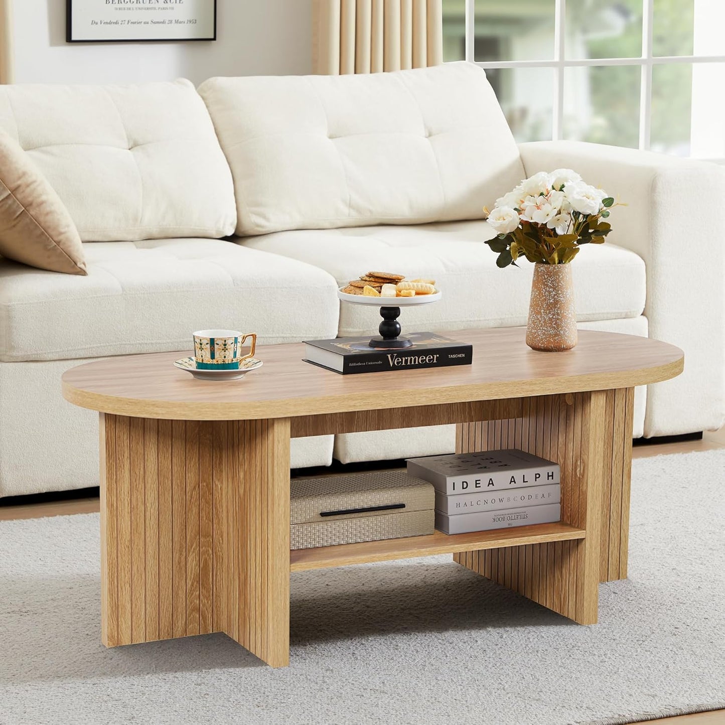 43.3" Coffee Table with Storage, Oval Coffee Tables for Living Room, Farmhouse Fluted Coffee Table with Large Storage Shelf, Wood Center Table for Small Space, Natural