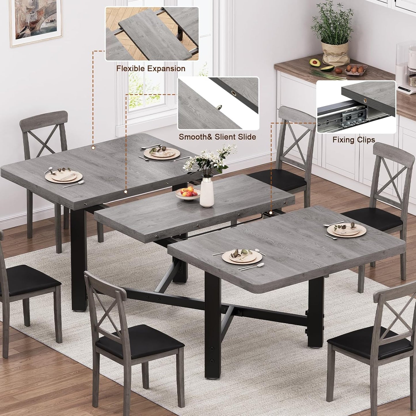 Dining Table for 4-6, 62“Extendable Kitchen Dining Room Table, Space Saving Rectangle Large Expandable Wood Dinner Furniture for Small Space (Grey)