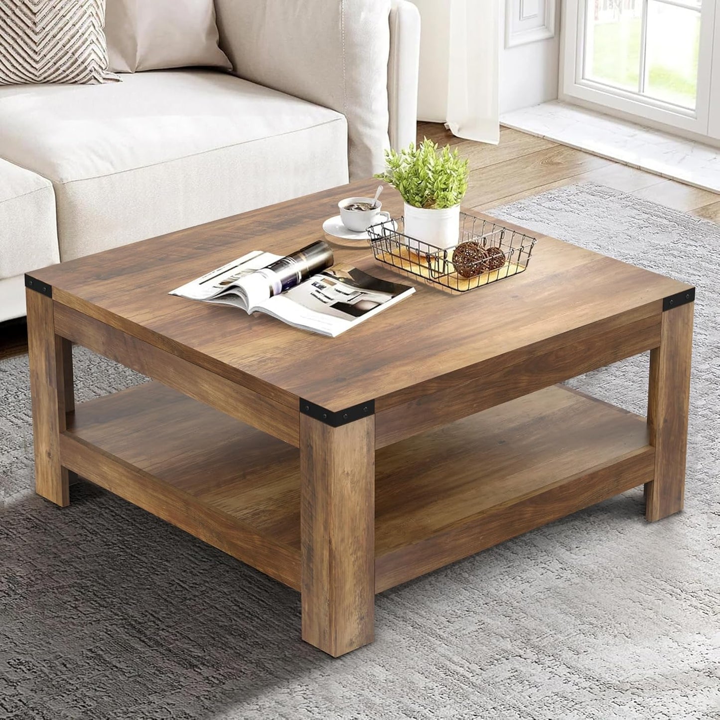 Farmhouse Coffee Table, 47.2" Modern Rustic Wooden Center Table with Storage, Rectangle Living Room Tables, 2-Tier Industrial Cocktail Tea Table for Living Room