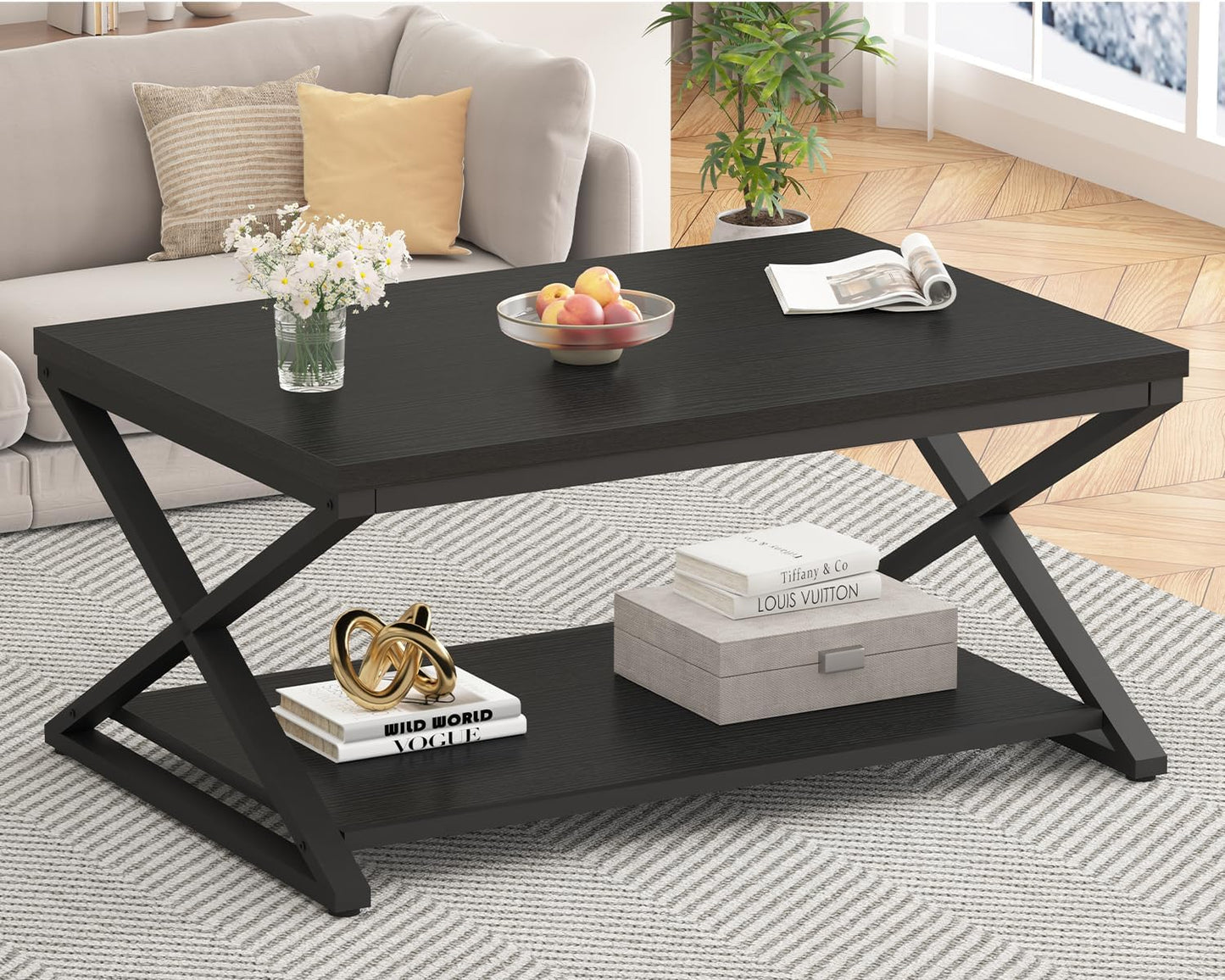 HSH Black Coffee Table Modern, 47 Inch Simple Rectangle Cocktail Table with Storage Display Shelf, 2 Tier Minimalist Industrial Wooden and Metal Center Tea Table for Living Room Office, Black Oak