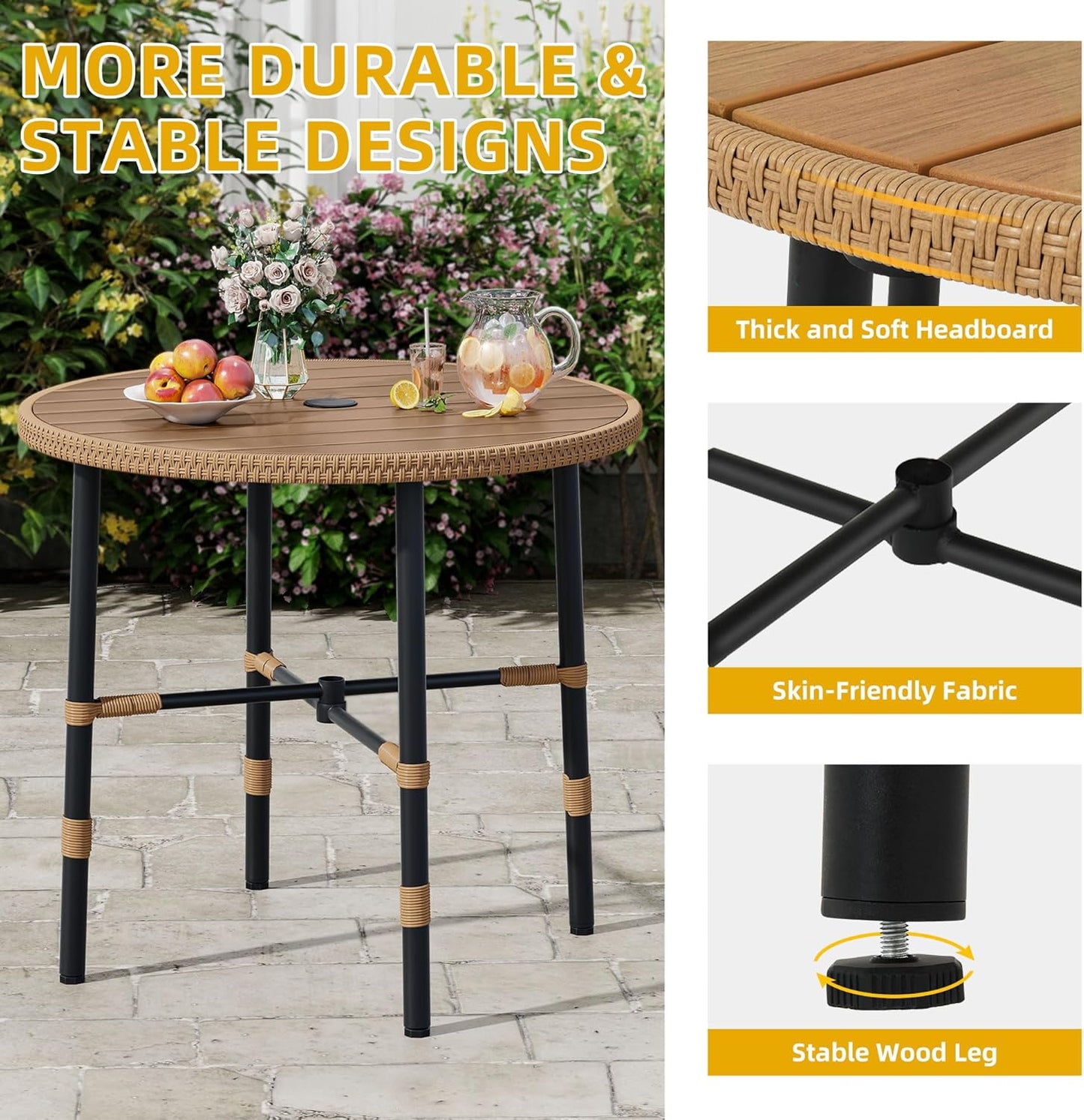 DWVO Outdoor Patio Dining Table Round for 4 35.4" Outdoor Tables with Umbrella Hole & Adjustable Levelers All-Weather Bistro Table with Metal Frame for Lawn Garden Backyard