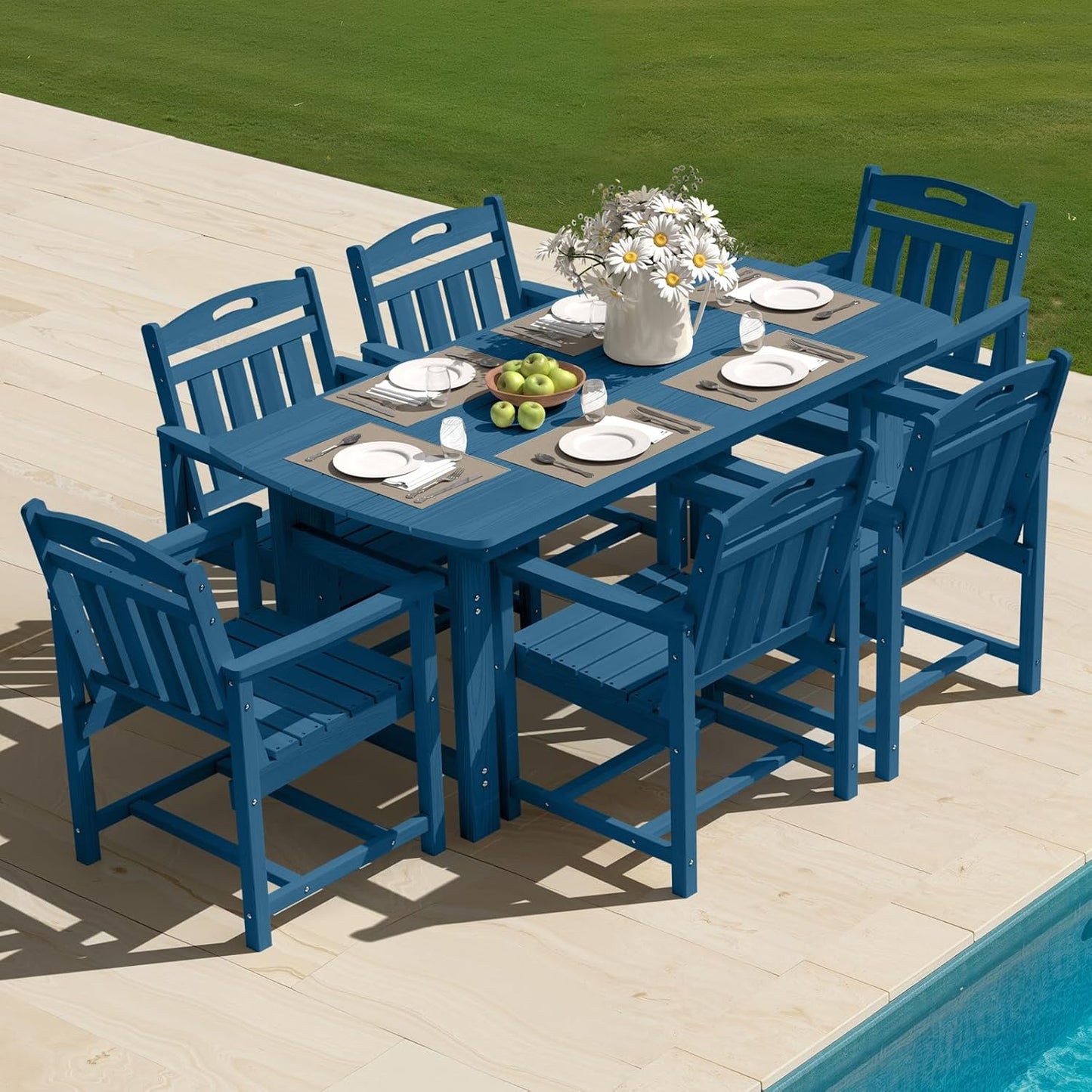 HDPE Outdoor Table and Chairs,66" Outdoor Dining Table Set with Umbrella Hole,7-Piece Patio Dining Set for Backyard,Black