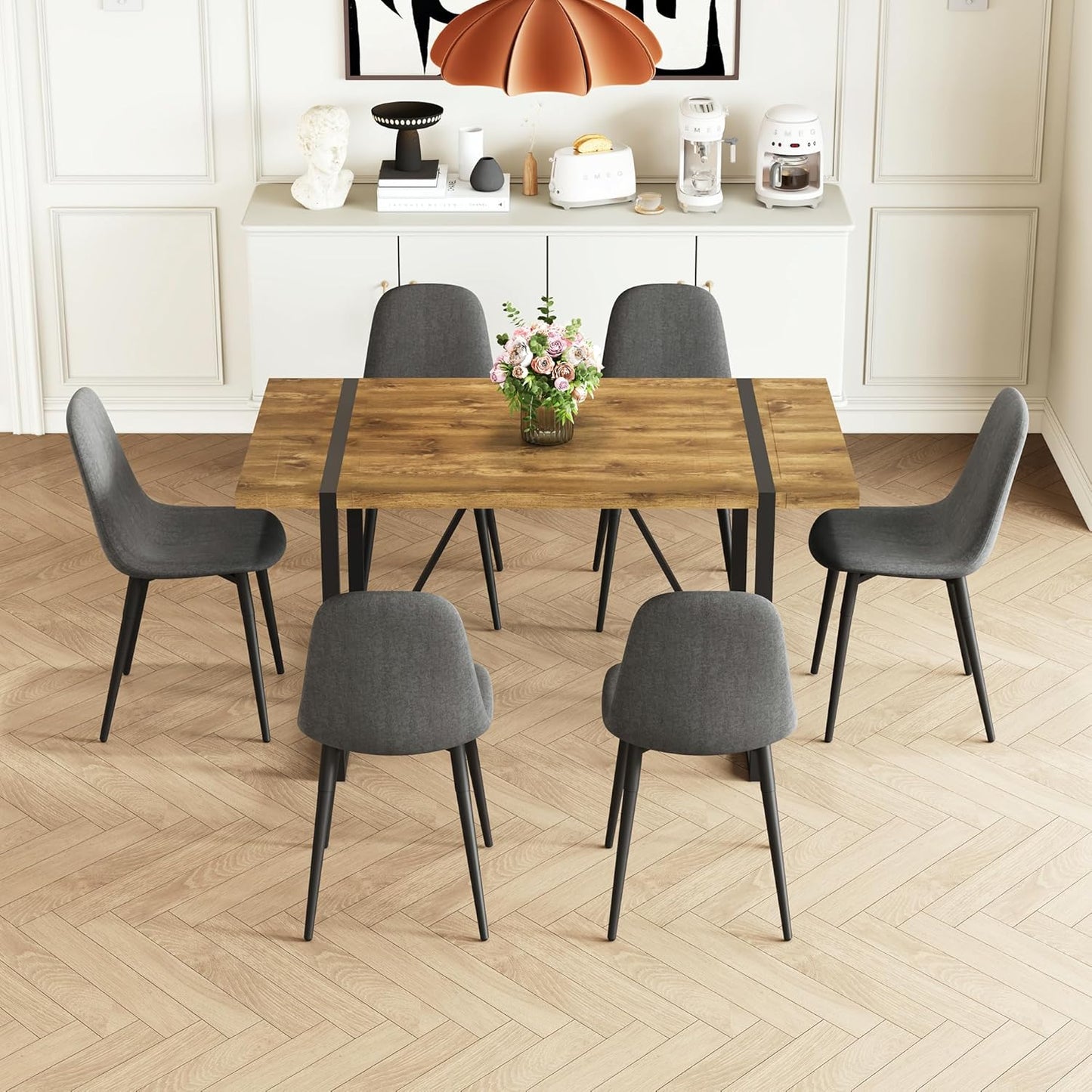 Rustic 7 Piece Dining Room Table Set for 6 People, Mid Century Modern 55 Inch Rectangle Wood Kitchen Dining Table with 6 Fabric Chairs Set, Suitable for Kitchen Dining Room
