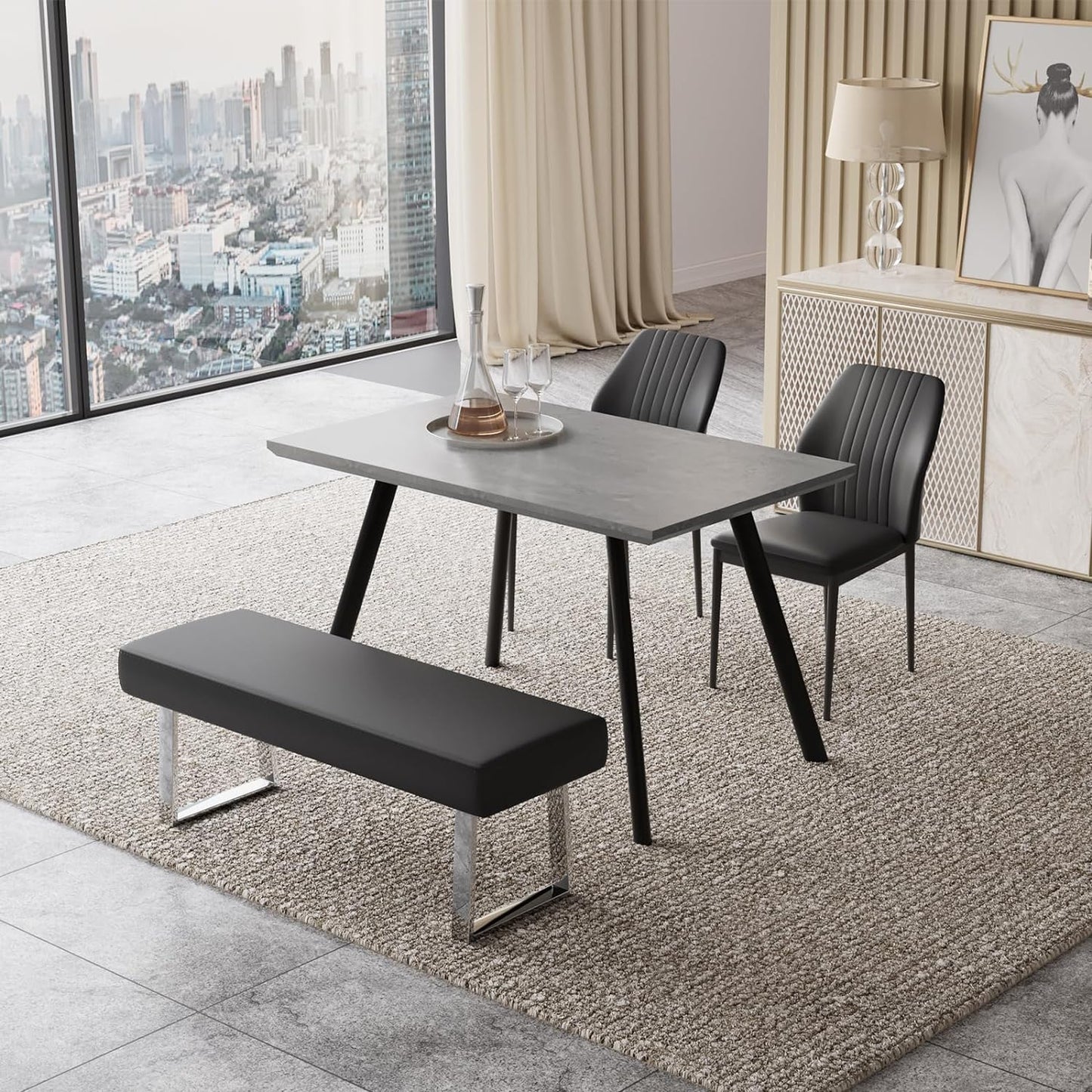 ZckyCine Modern 5-Piece Dining Table Set Rectangular Wood Table with 4 Upholstered Leather Chairs, Seats 4
