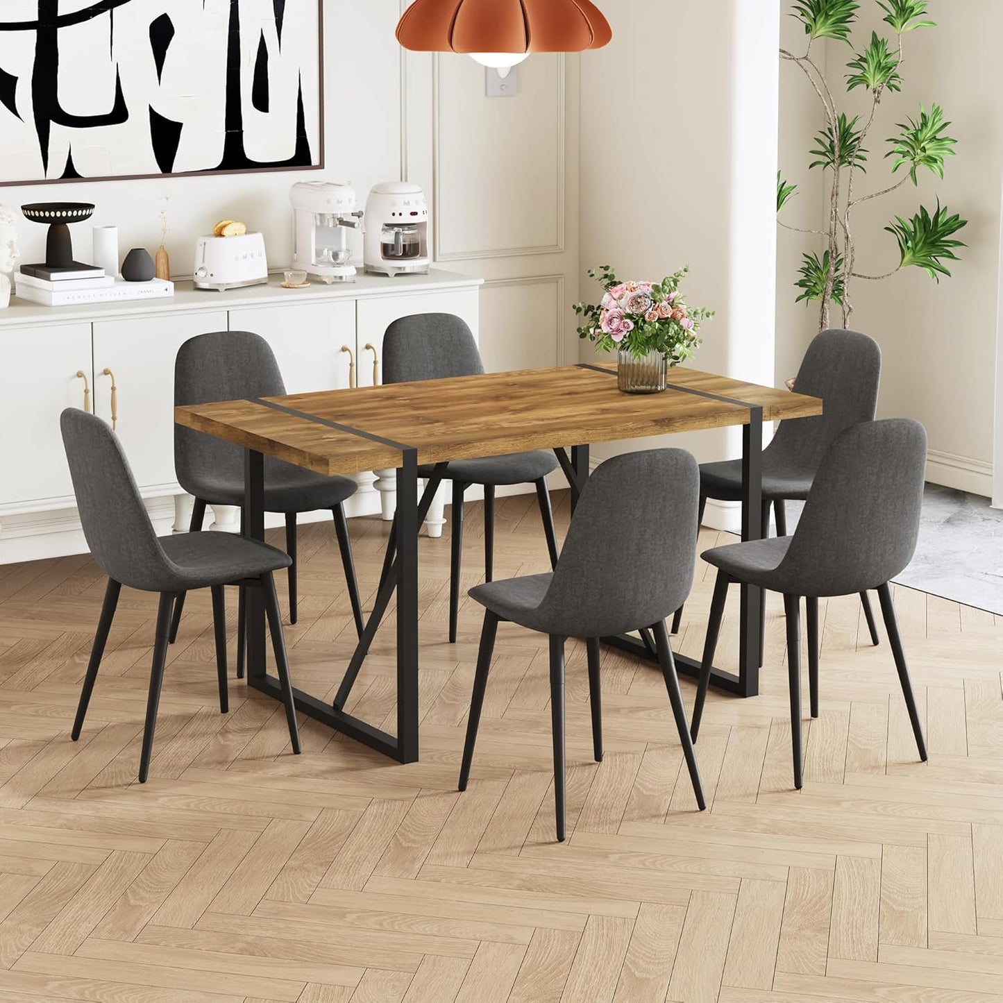 Rustic 7 Piece Dining Room Table Set for 6 People, Mid Century Modern 55 Inch Rectangle Wood Kitchen Dining Table with 6 Fabric Chairs Set, Suitable for Kitchen Dining Room