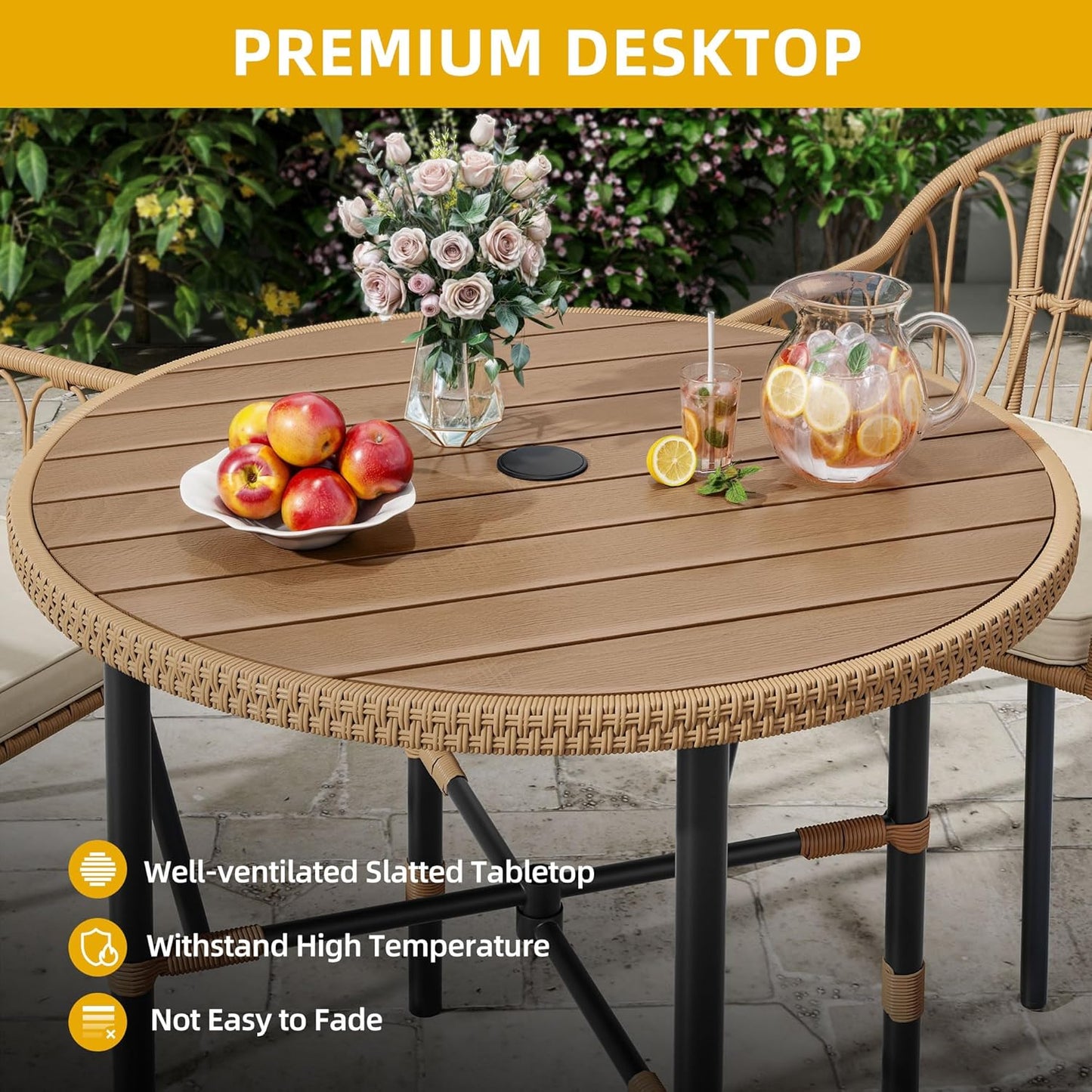 DWVO Outdoor Patio Dining Table Round for 4 35.4" Outdoor Tables with Umbrella Hole & Adjustable Levelers All-Weather Bistro Table with Metal Frame for Lawn Garden Backyard