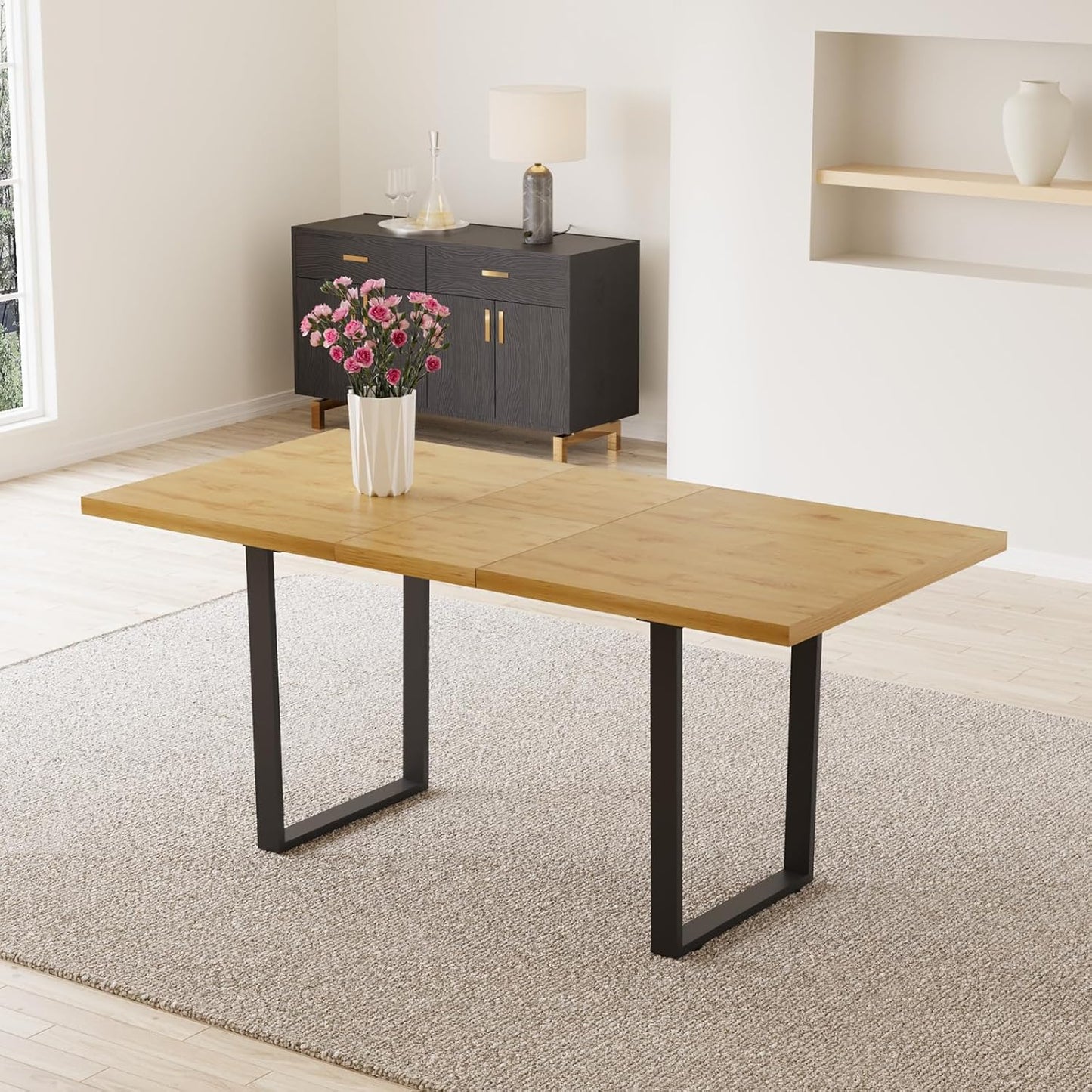ZckyCine Modern 5-Piece Dining Table Set Rectangular Wood Table with 4 Upholstered Leather Chairs, Seats 4