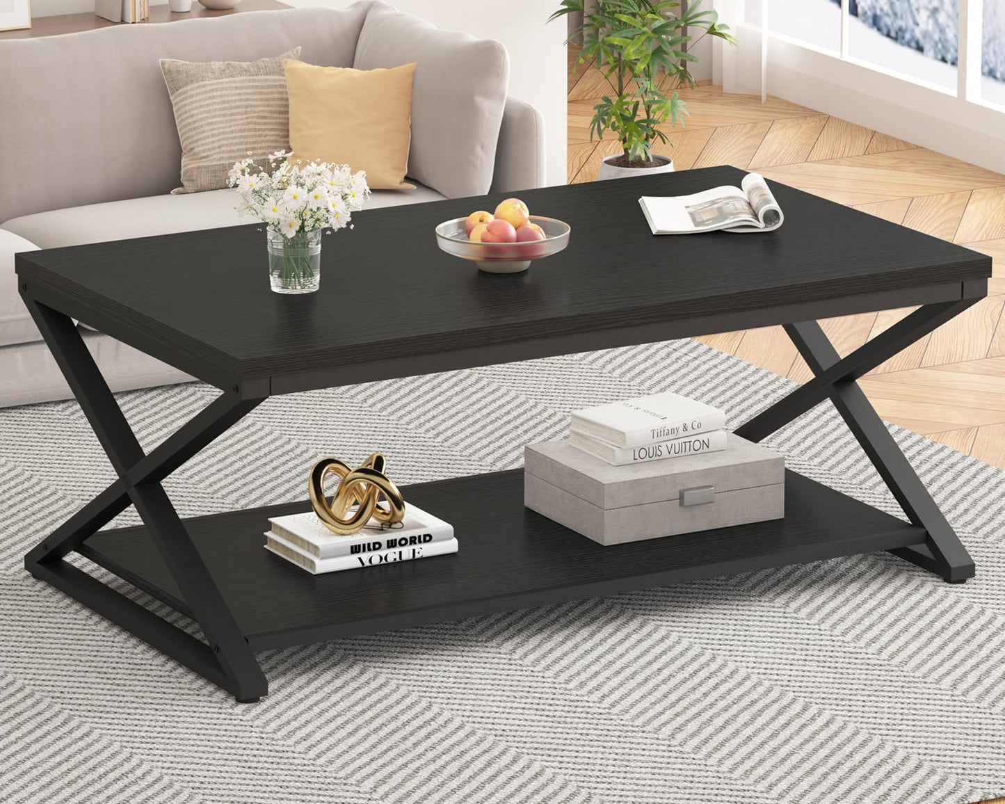 HSH Black Coffee Table Modern, 47 Inch Simple Rectangle Cocktail Table with Storage Display Shelf, 2 Tier Minimalist Industrial Wooden and Metal Center Tea Table for Living Room Office, Black Oak