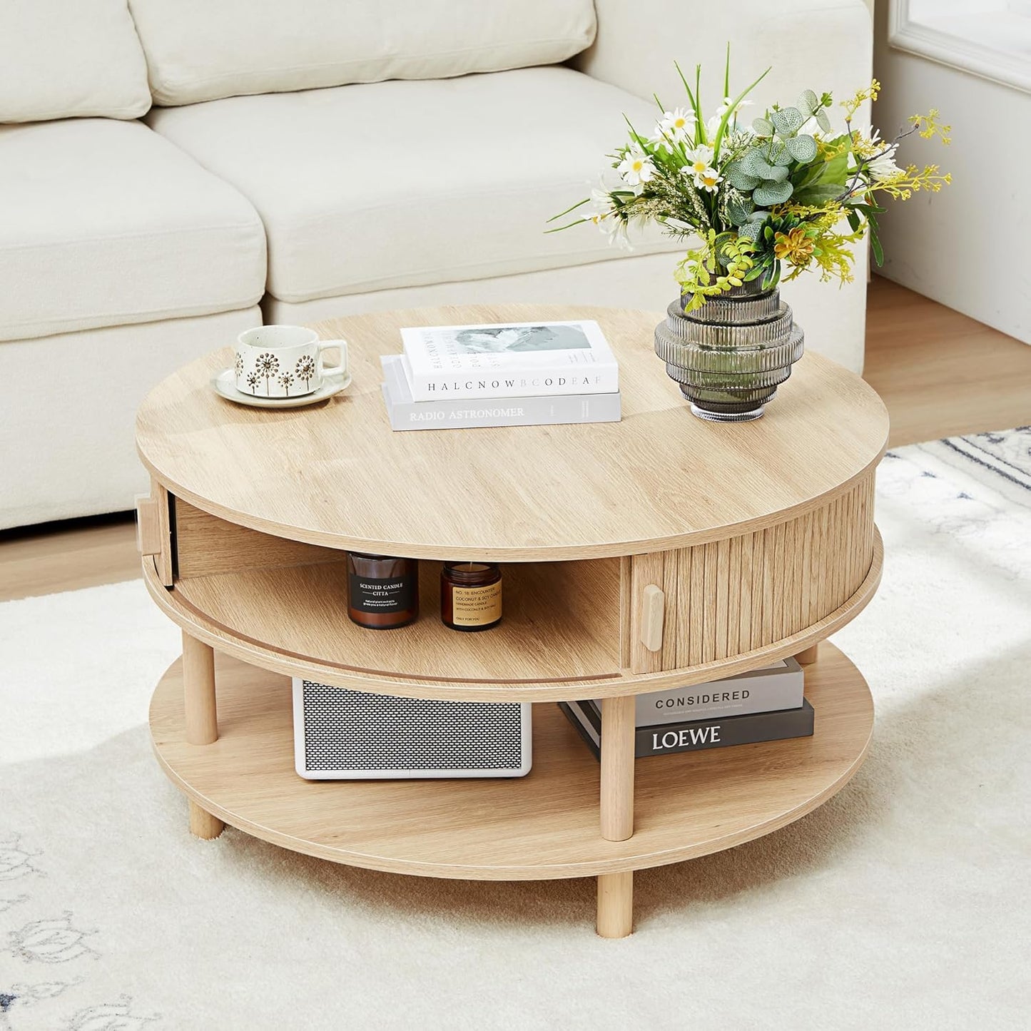 43.3" Coffee Table with Storage, Oval Coffee Tables for Living Room, Farmhouse Fluted Coffee Table with Large Storage Shelf, Wood Center Table for Small Space, Natural