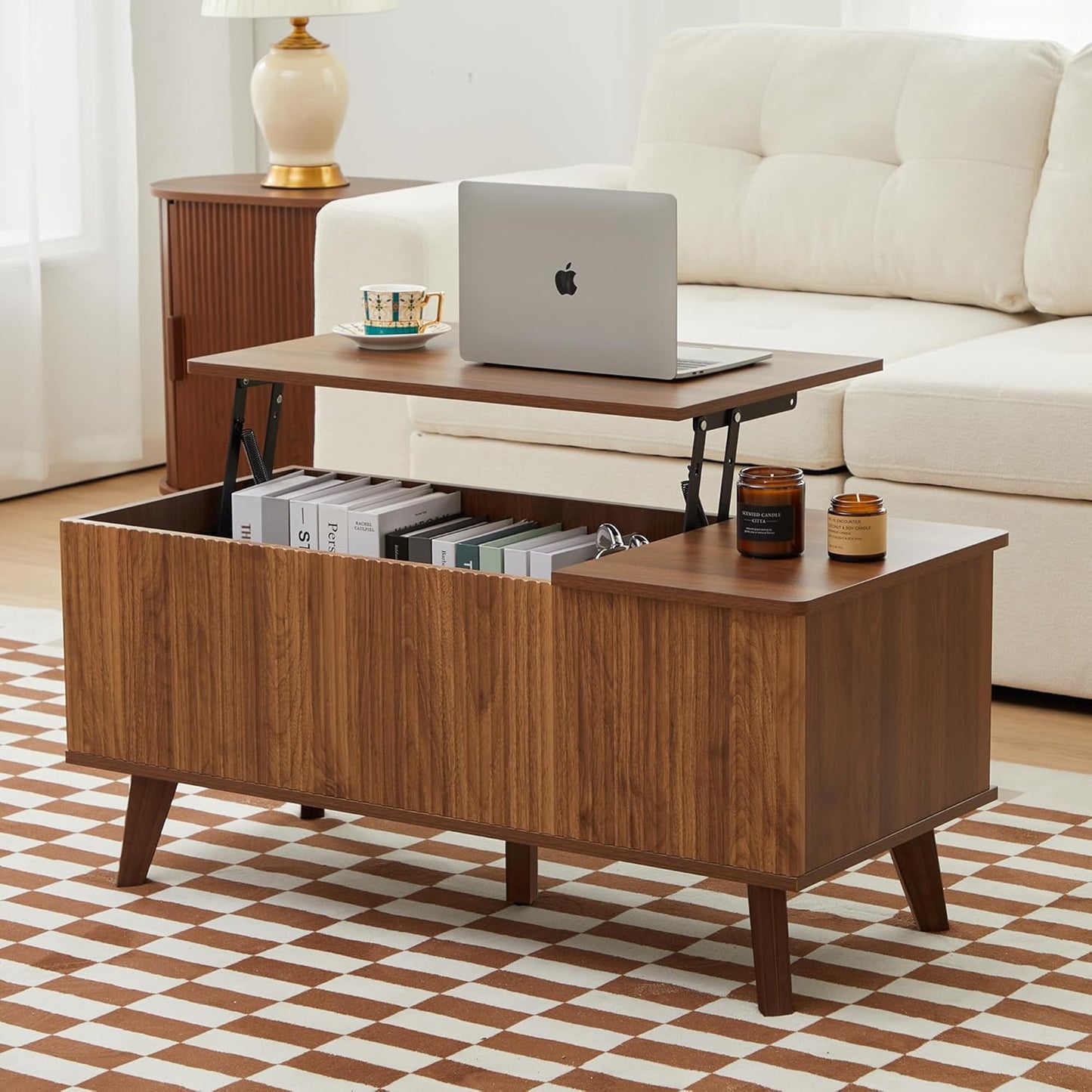 43.3" Coffee Table with Storage, Oval Coffee Tables for Living Room, Farmhouse Fluted Coffee Table with Large Storage Shelf, Wood Center Table for Small Space, Natural