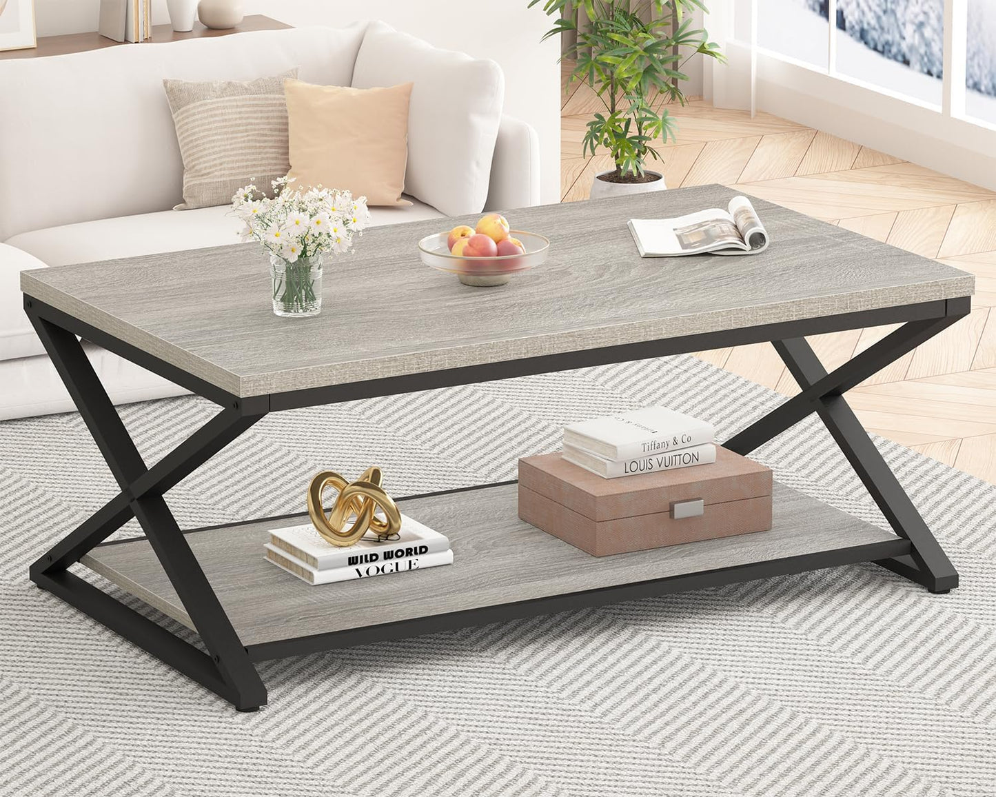 HSH Black Coffee Table Modern, 47 Inch Simple Rectangle Cocktail Table with Storage Display Shelf, 2 Tier Minimalist Industrial Wooden and Metal Center Tea Table for Living Room Office, Black Oak