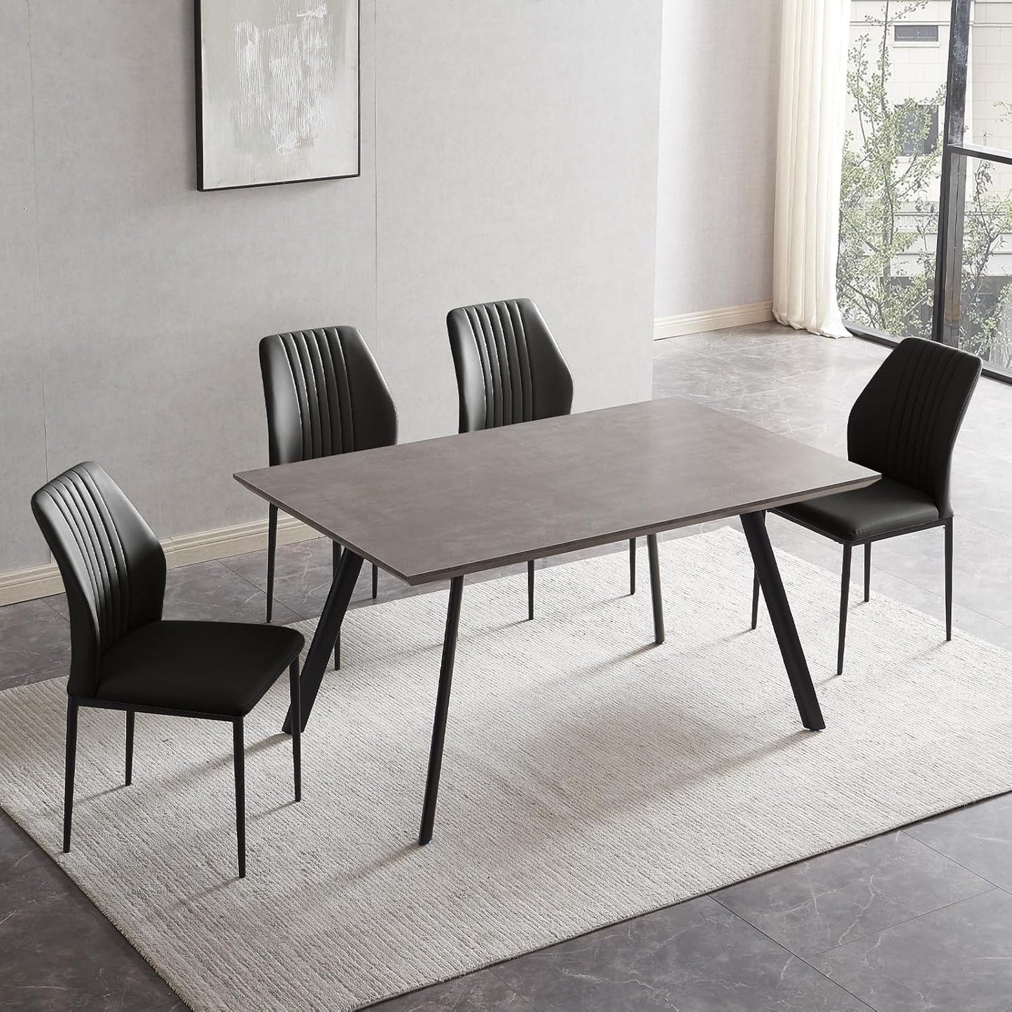 ZckyCine Modern 5-Piece Dining Table Set Rectangular Wood Table with 4 Upholstered Leather Chairs, Seats 4