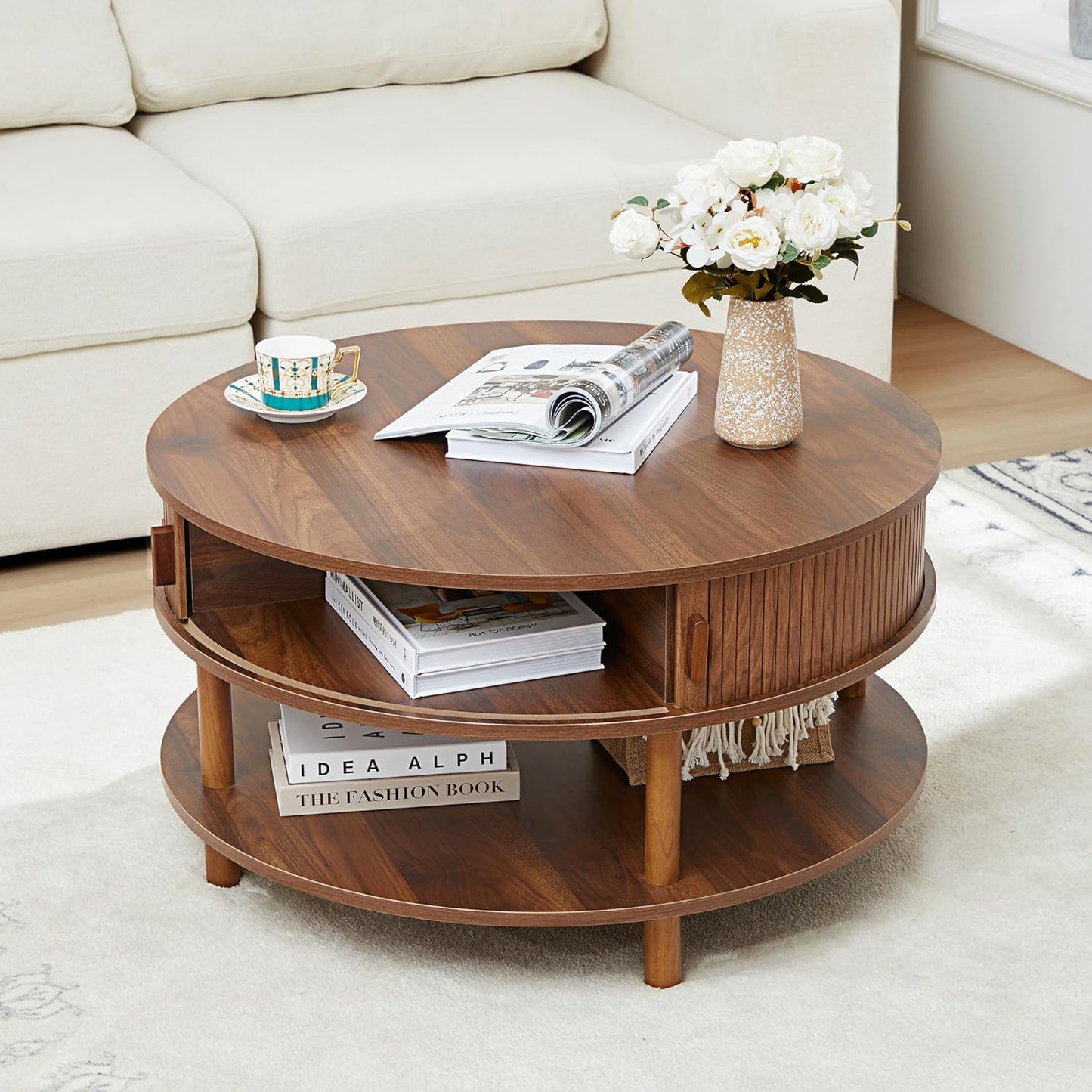 43.3" Coffee Table with Storage, Oval Coffee Tables for Living Room, Farmhouse Fluted Coffee Table with Large Storage Shelf, Wood Center Table for Small Space, Natural