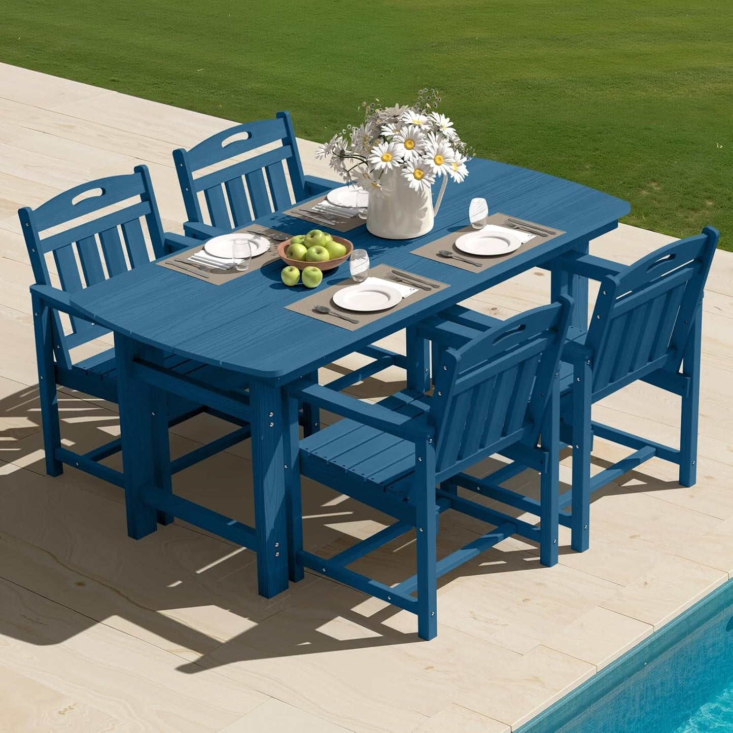 HDPE Outdoor Table and Chairs,66" Outdoor Dining Table Set with Umbrella Hole,7-Piece Patio Dining Set for Backyard,Black