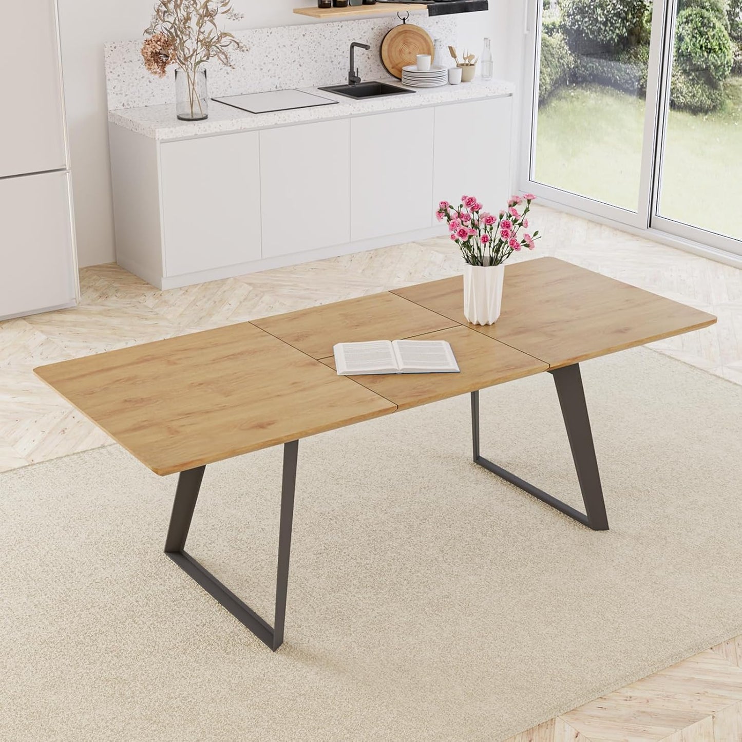 ZckyCine 67" Modern Rectangular Wooden Dining Table Set with 6 Brown Leather Chairs - Expandable, Space-Saving, Multifunctional